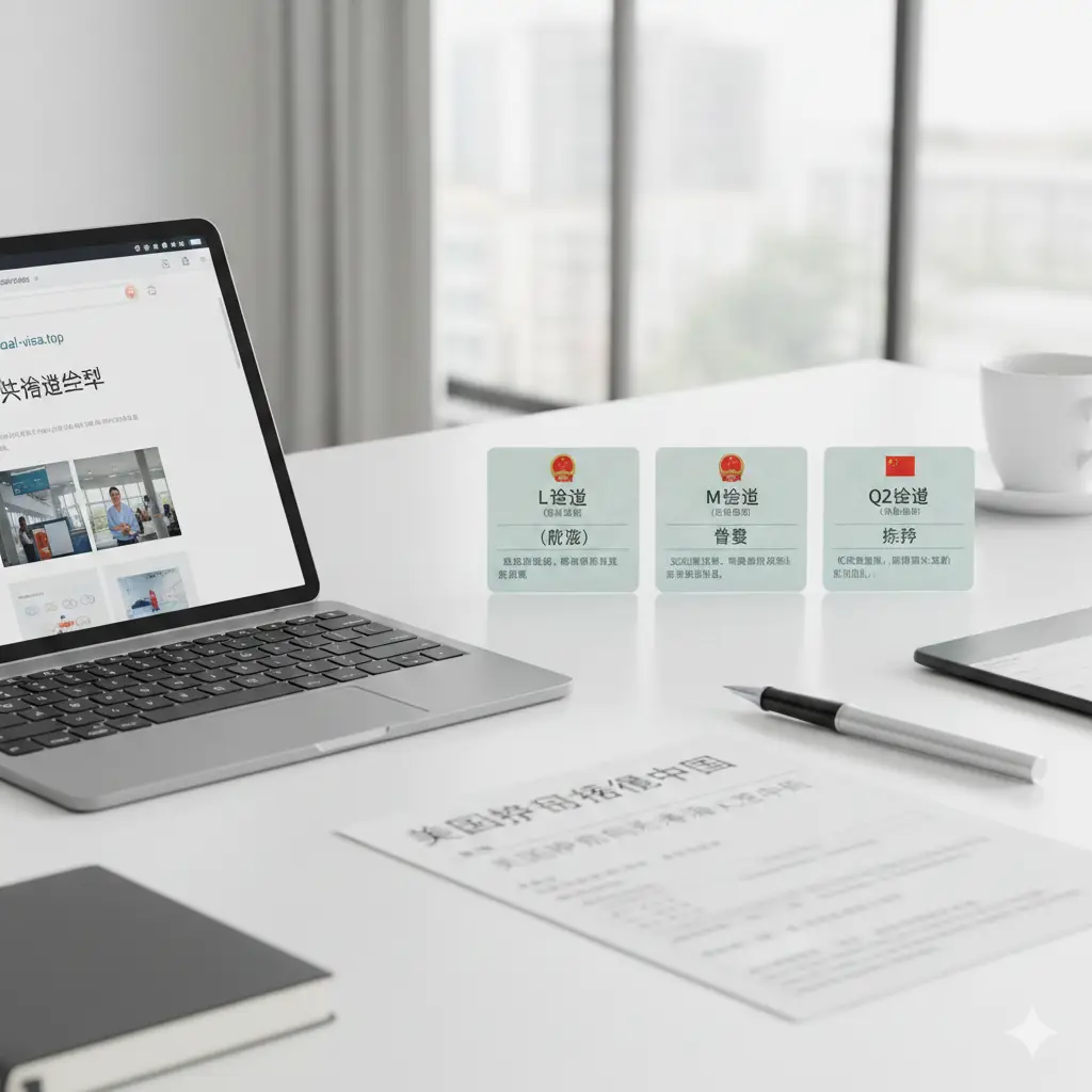一张展示签证类型的功能图。画面采用干净的办公场景，左侧是一台显示着global-visa.top网站界面的平板电脑，右侧整齐排列着L签、M签、Q2签的模拟标签。背景明亮，以白色和浅灰色为主。图中包含签字笔、出差行程单等元素，视觉上强调分类清晰、选择多样，体现‘美国护照从香港入境中国’的业务覆盖范围。