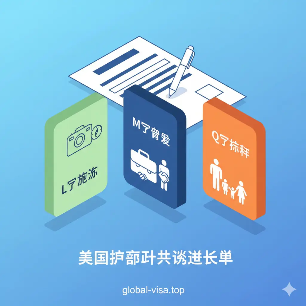 一张清晰的等距视角（Isometric）插画，用于解释美国人赴华的三种主要签证类型。画面中有三张立体的卡片或板块，分别标记为'L字旅游'（配相机或景点图标）、'M字商务'（配公文包或握手图标）和'Q字探亲'（配家庭剪影图标）。背景是极简的科技蓝渐变色，配以签证申请表和笔的元素，视觉风格简洁、现代，旨在帮助用户快速区分不同的签证申请需求和功能。