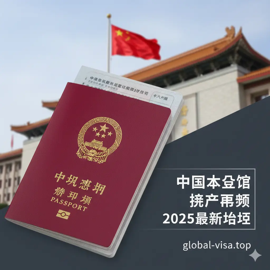 一张高质量、专业风格的封面图。画面中心是一本崭新的中国护照(红色封面,带金色国徽),背景是庄严的中国驻外大使馆建筑局部和飘扬的五星红旗。光影柔和且充满权威感,色彩以中国红和金色为主色调,构图采用大气的对角线构图,画面侧边留有透明度适中的文字蒙版区域,展现出2025年最新护照更新指南的专业氛围。