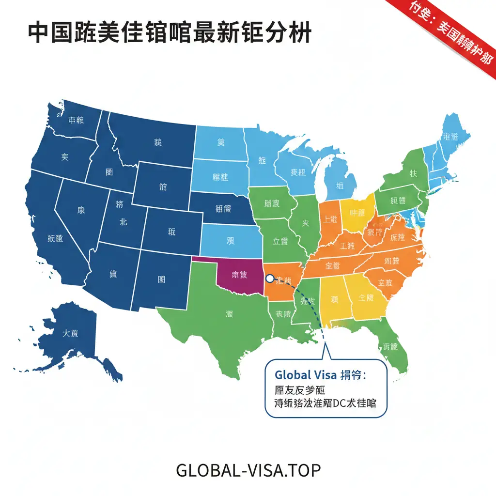 一张精心设计的美国地图矢量信息图，用于展示中国驻美使领馆的最新领区划分。地图用不同颜色的色块区分华盛顿DC大使馆、纽约、旧金山、洛杉矶和芝加哥总领馆的管辖州。特别标注出德克萨斯州（原休斯顿领区）指向华盛顿DC的连线，并配有'Global Visa 提示'的小气泡。设计风格简洁、扁平，字体清晰易读，帮助用户快速定位自己所属的领区，避免申请被退回。