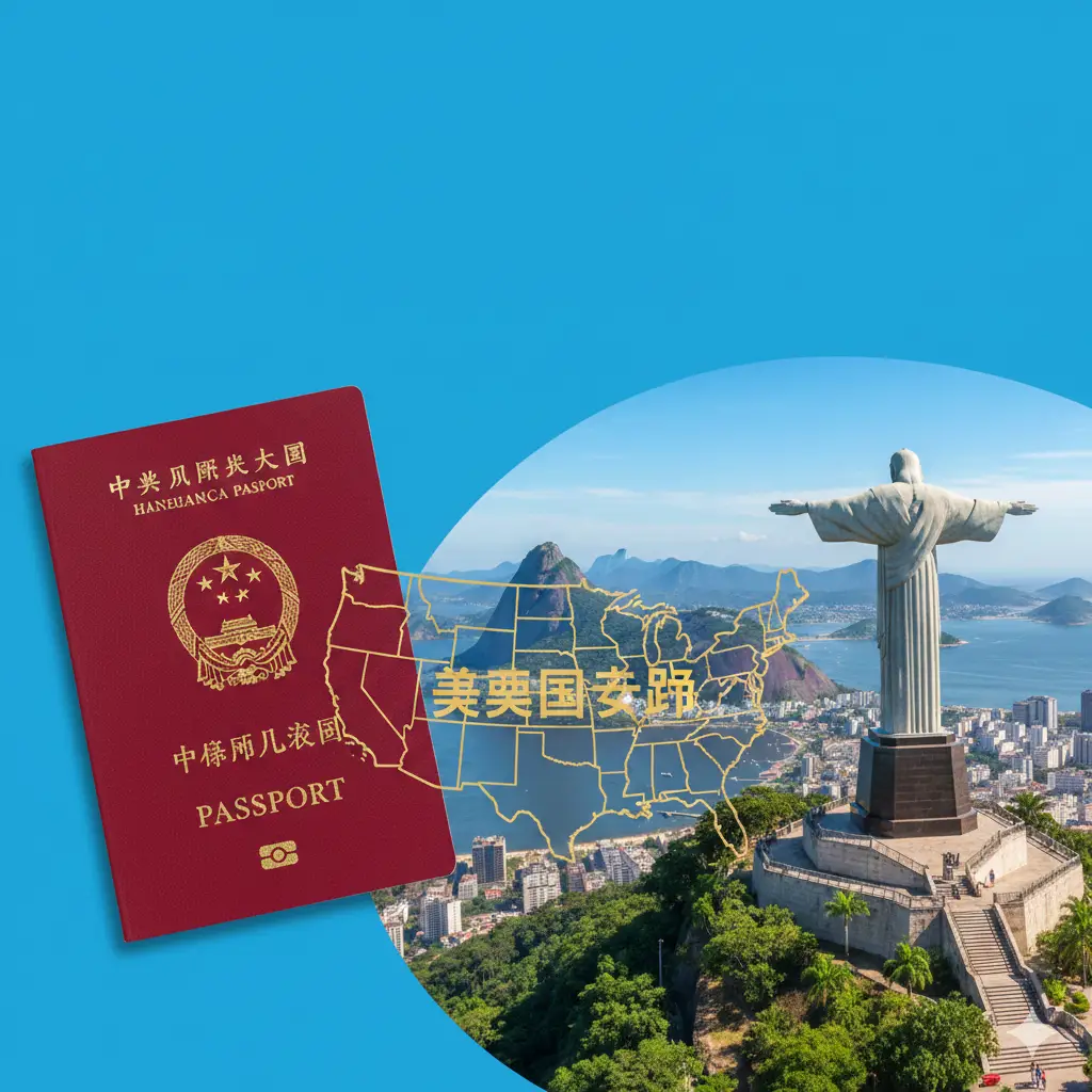 一张高质量的合成封面图，左侧特写一本红色的中国护照，右侧则是巴西标志性的里约热内卢基督像和糖面包山背景。画面中心醒目地展示美国地图轮廓，象征‘在美国申请’。色彩明亮，采用热带巴西的亮蓝色与金黄色调，构图大气，留有足够的空间用于添加标题文字，整体风格专业且富有旅行诱惑力。
