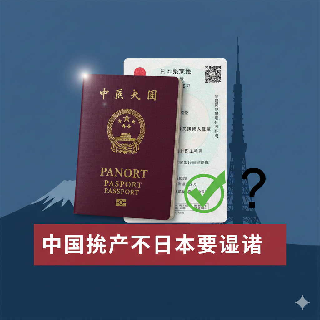一张极具专业感与视觉冲击力的封面图,画面核心是一本合上的中国普通护照(深红色封面)与一张日本签证页面的艺术化拼贴。背景隐约浮现日本标志性建筑如东京塔或富士山的轮廓,采用极简主义风格,色调以象征权威的深蓝与护照红为主。光线柔和明亮,聚焦在护照金色的国徽上,旁边配有一个清晰的问号与对勾符号,直观传达“去日本需要签证”的核心信息,符合global-visa.top的专业咨询形象。