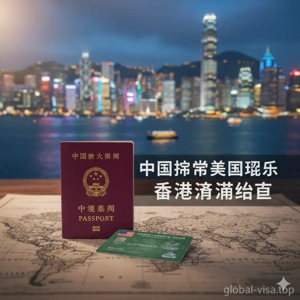 一张专业且引人注目的封面图，画面中心清晰地展示了一本深红色的中华人民共和国护照和一张美国永久居民卡（绿卡），它们放置在一张世界地图或木质办公桌上。背景虚化处理，隐约可见香港维多利亚港的标志性天际线和摩天大楼，象征着目的地。光线柔和温暖，营造出一种跨国旅行的商务与休闲结合的氛围，色彩上采用红、绿、蓝的协调搭配，突出文章的核心主题。