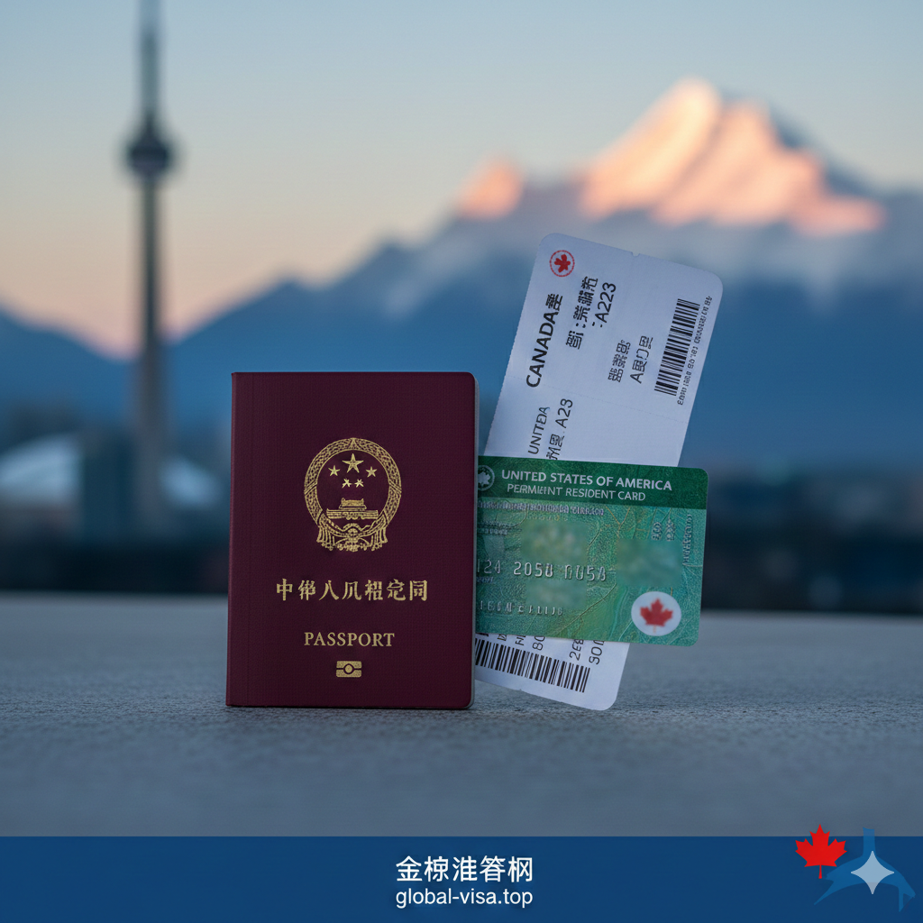 一张高质量的旅游概念摄影图,展示了旅行必备证件的静物特写。画面中心清晰地摆放着一本深红色的中国护照和一张绿色的美国永久居民卡(绿卡),旁边有一张印有飞往多伦多或温哥华代码的登机牌。背景虚化处理,隐约可见加拿大标志性建筑如CN塔或落基山脉的轮廓,光线柔和明亮,色调采用专业商务蓝与枫叶红的点缀,营造出跨国旅行的高端与便捷感,非常适合作为文章的首屏封面。