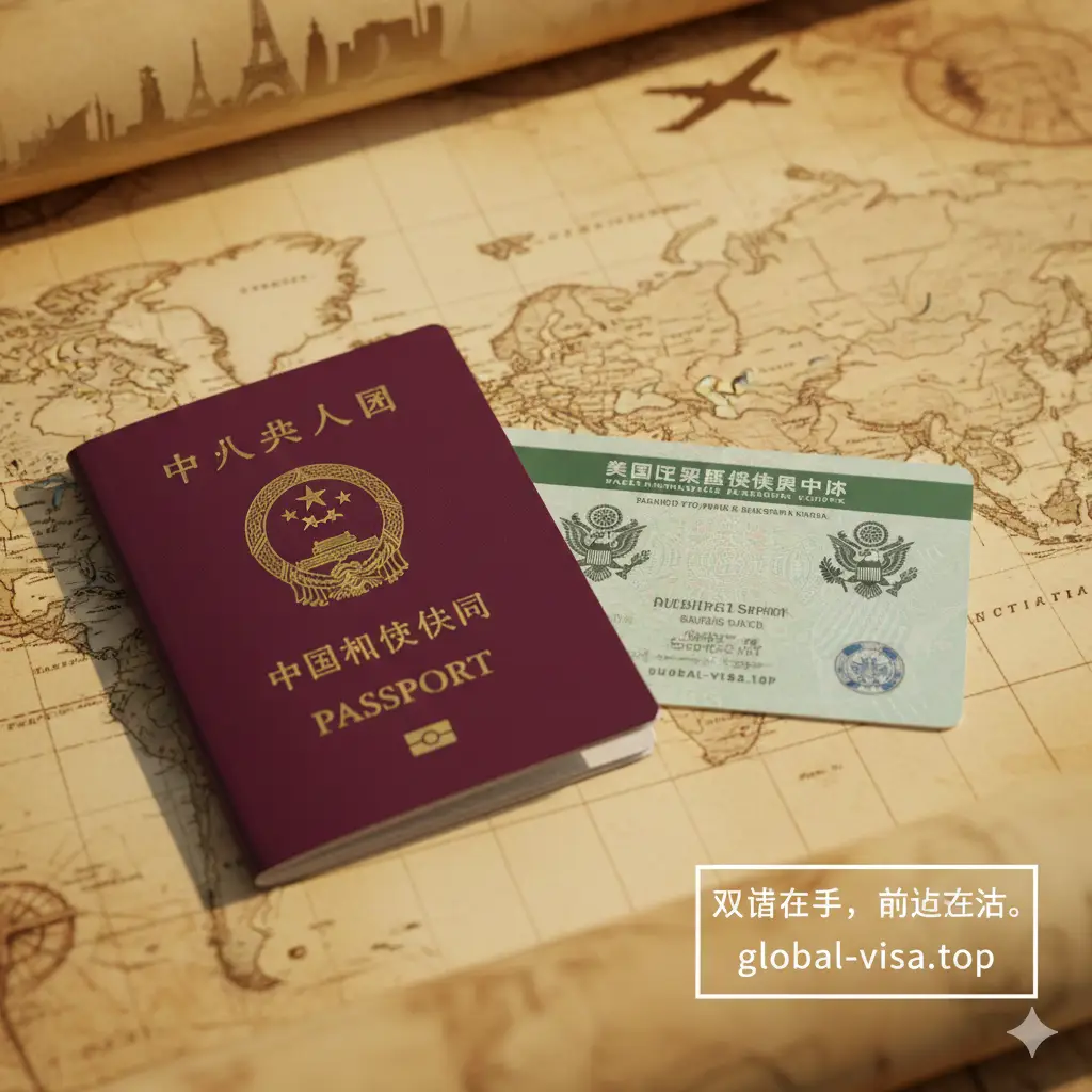 一张极具质感的封面图,展示一本深红色的中国护照和一张美国绿卡(Permanent Resident Card)交叠放置在复古风格的世界地图上。背景中模糊隐约可见飞机起飞的剪影和著名地标(如自由女神像与埃菲尔铁塔的轮廓),象征全球旅行的自由。光线采用暖色调的自然光,营造出高端、专业且充满希望的旅行氛围,突显'双证在手,说走就走'的主题。