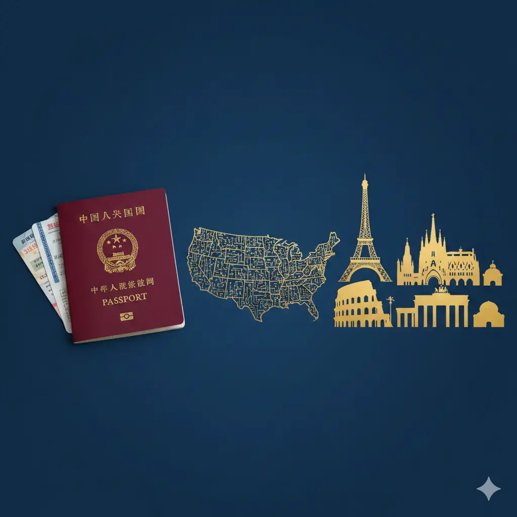 一张高质量的合成封面图。画面左侧是一本醒目的中国护照，右侧背景是法国埃菲尔铁塔、意大利斗兽场等欧洲地标的剪影。中间放置一个美国地图的艺术轮廓，象征‘在美申请’。色调采用专业且大气的深蓝色与金色，构图居中，光影明亮，带有现代旅行与商务的高级感。