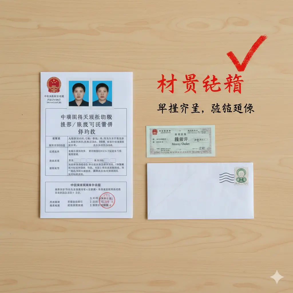 一张展示准备材料的俯拍平铺图（Flat Lay）。桌面上整齐摆放着办理护照所需的关键物品：两张标准的白底护照照片、一张填写好的申请表、一张Money Order支票以及一个贴好邮票的回邮信封。画面中可以加入一个红色的‘Checklist’打钩标记，象征准备充分，避免避坑。图片色彩明快，传递出‘准备齐全、避免延误’的积极信息。