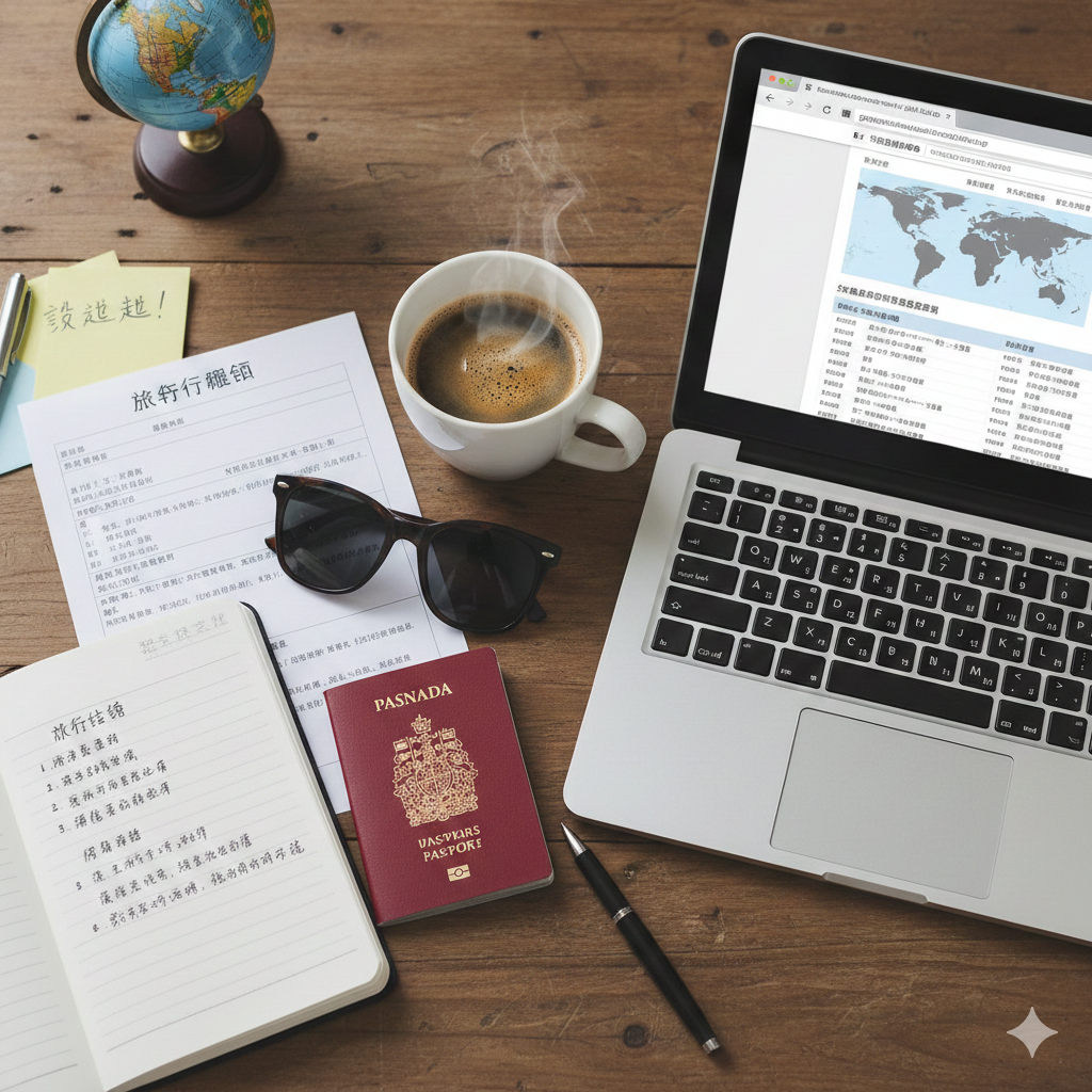 一张充满成功喜悦感的总结性图片，展示一本护照和一张打印好的高清晰度签证照片放置在旅行办公桌上，旁边盖有一个绿色的‘APPROVED’（通过）印章。背景隐约可见机票和行李箱的一角，象征着签证顺利通过后的旅行准备就绪。光线温暖明亮，色彩饱和度适中，旨在给用户传递信心和安心感，鼓励立即生成照片。