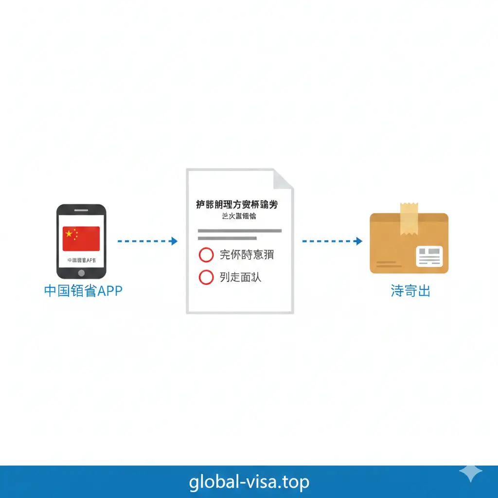展示《护照办理方式确认声明书》核心功能的插图。画面左侧为中国领事APP界面图标，中间通过虚线连接到纸质声明书，右侧为准备寄出的邮包。图中重点标注‘确认邮寄意愿’和‘取代面谈’等关键词，采用扁平化设计风格，配色明快，清晰传达该文件在流程中的关键纽带作用。
