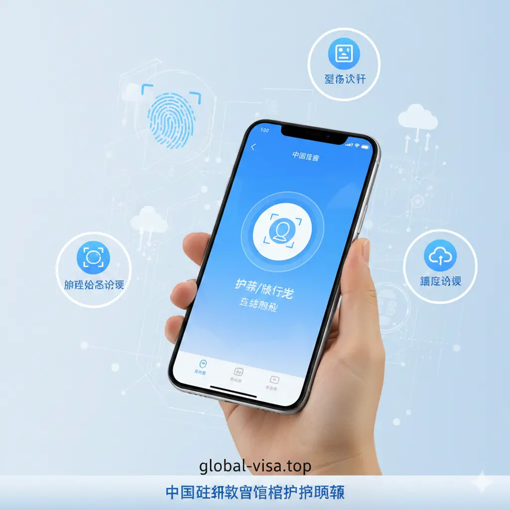展示‘中国领事’APP的手机界面功能示意图。手机屏幕中清晰显示‘护照/旅行证’图标，背景点缀着指纹、人脸识别扫描线和云端传输的科技元素。色彩使用清爽的科技蓝与白色，风格简洁直观。构图上采用手持手机的透视角度，周围漂浮着代表办理资格、实名认证、进度查询的小图标，强调APP的便捷功能。