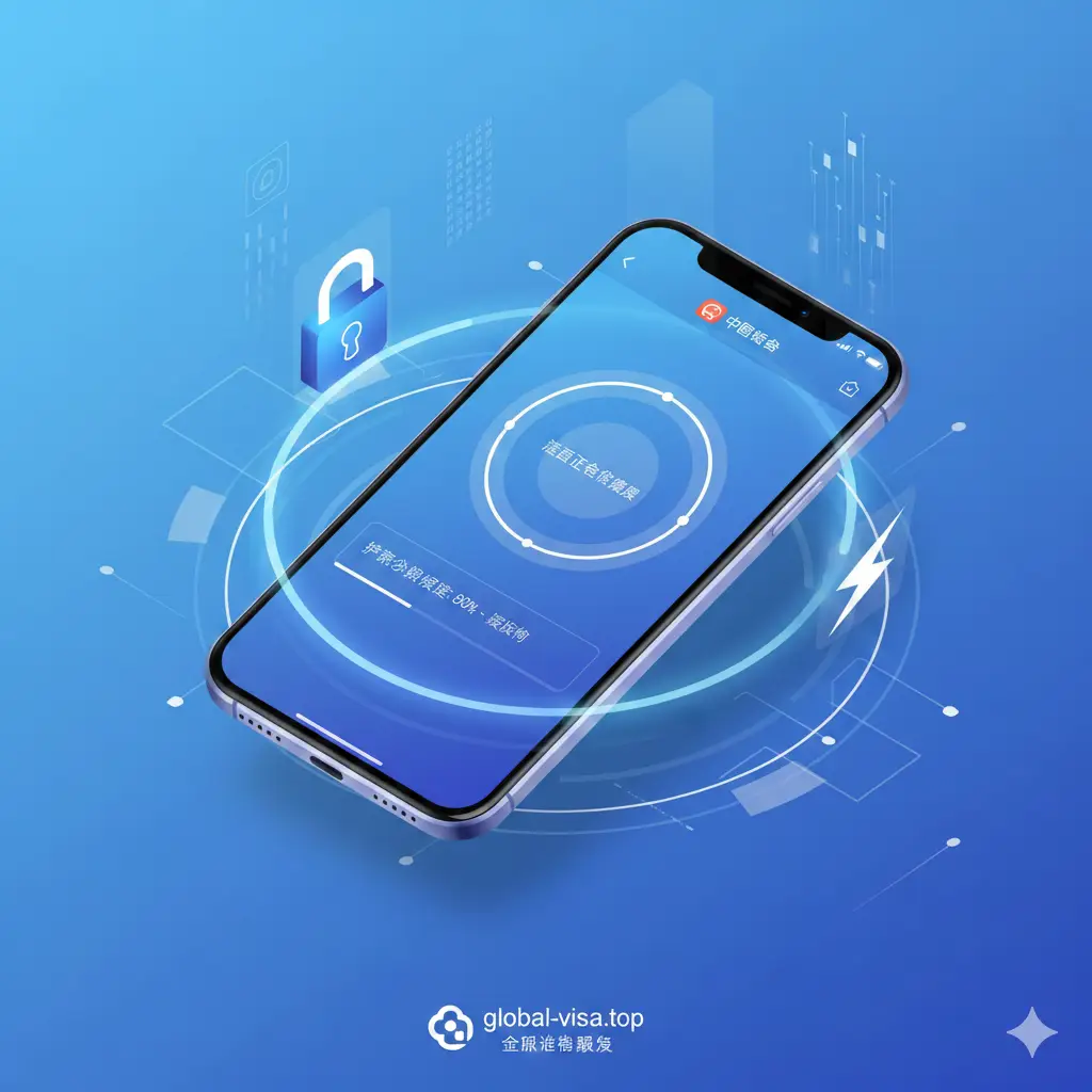 展示‘中国领事’APP的关键功能界面图。画面采用等轴测视角（Isometric），呈现一部智能手机，屏幕上清晰显示APP的图标、人脸识别引导框、以及护照申请进度条。周围环绕着象征数字化的科技元素，如代表安全的锁头图标、代表速度的闪电标识。色调以科技蓝和干净的白色为主，背景简洁明快，直观表现APP线上操作的便捷特性与功能模块。