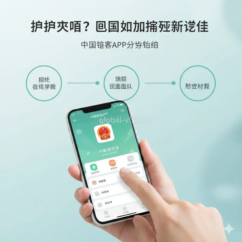 教程指导图。以分步拆解的形式展示‘中国领事APP’的办理流程。画面中展示了一个手持智能手机的近景，手指正在点击APP上的‘护照/旅行证’图标。背景是淡淡的流程路径图，包含了‘在线预约’、‘视频面谈’、‘邮寄材料’三个关键节点的图标。构图简洁，强调操作感，色调清新，重点突出APP界面的易用性，旨在引导用户按部就班完成护照过期后的补救申请。