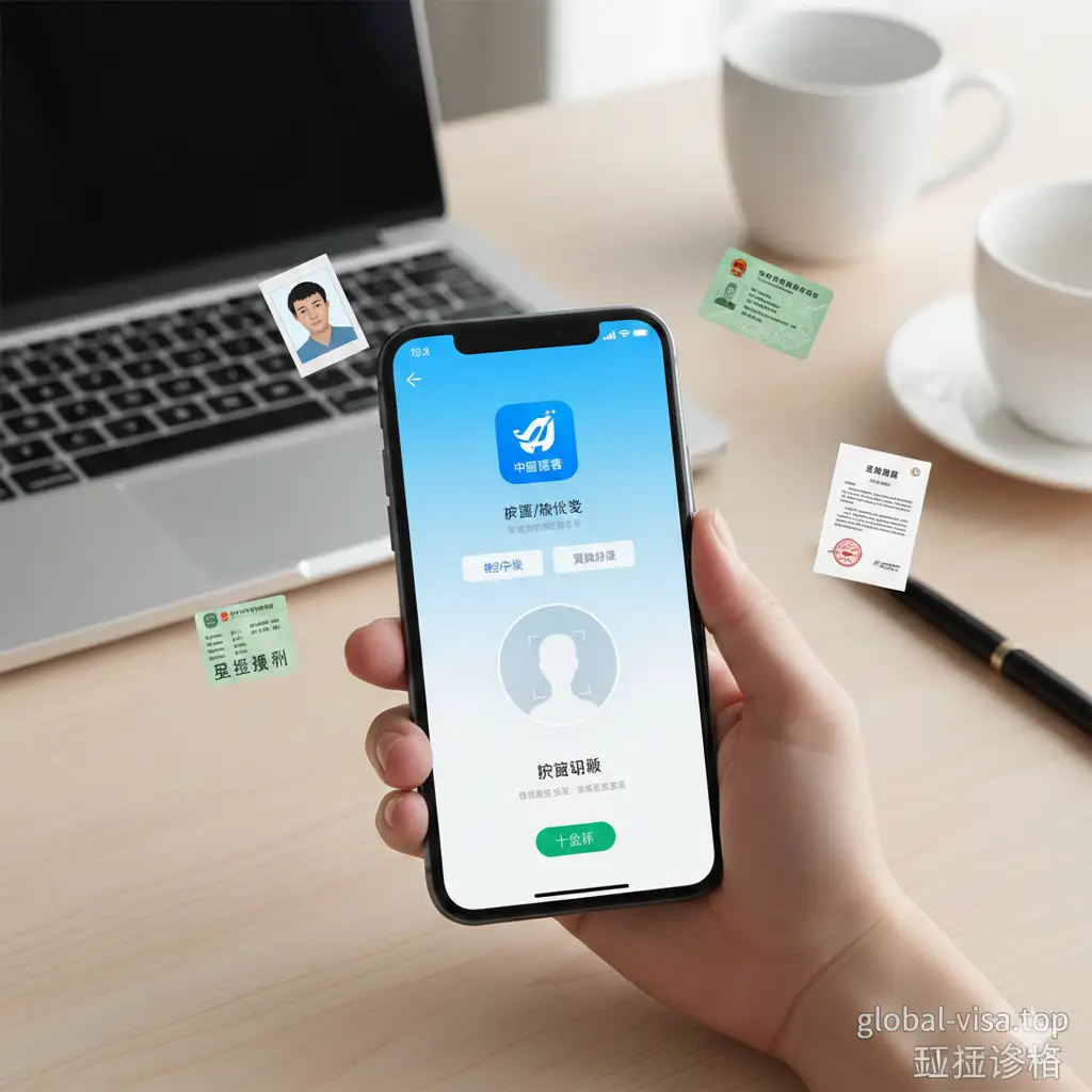 一张表现‘中国领事APP’操作流程的示意图。画面展示一只手拿着智能手机，屏幕上清晰显示出APP的UI界面和人脸识别框。手机周围点缀着准备好的证件照、居留证明文件等小图标。背景是简约的居家办公桌面，构图采用特写镜头，色彩明亮，重点突出手机屏幕内容，旨在以视觉化的方式引导用户理解在线申请的便捷性。