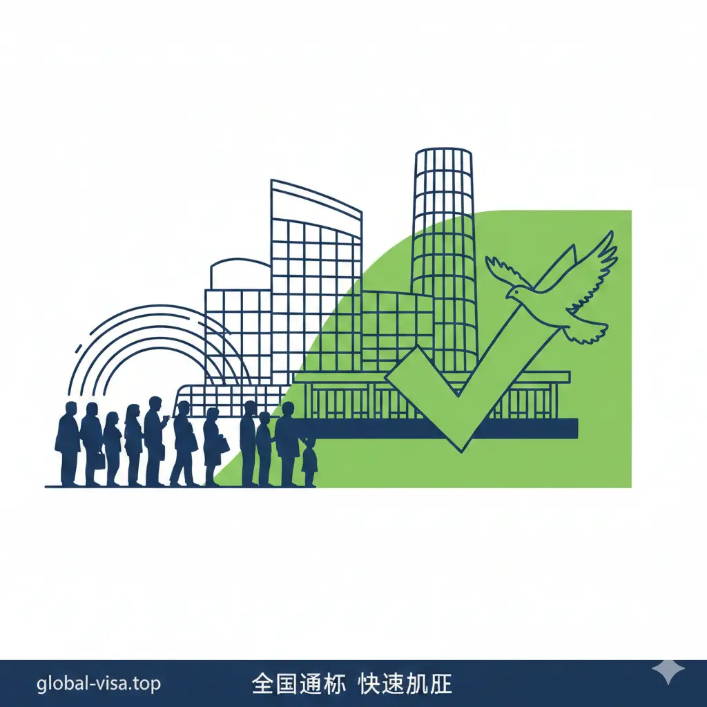 展示全国通办与快速办理优势的视觉图。构图采用对比方式，左边是传统排队的抽象剪影，右边是快速通过的绿色勾选标志和一只代表速度的飞鸟。背景融入了中国出入境大厅的现代化建筑线条。色调采用富有信任感的深蓝色和充满希望的绿色，传达出省时、高效、便捷的服务优势，符合网站专业指南的定位。