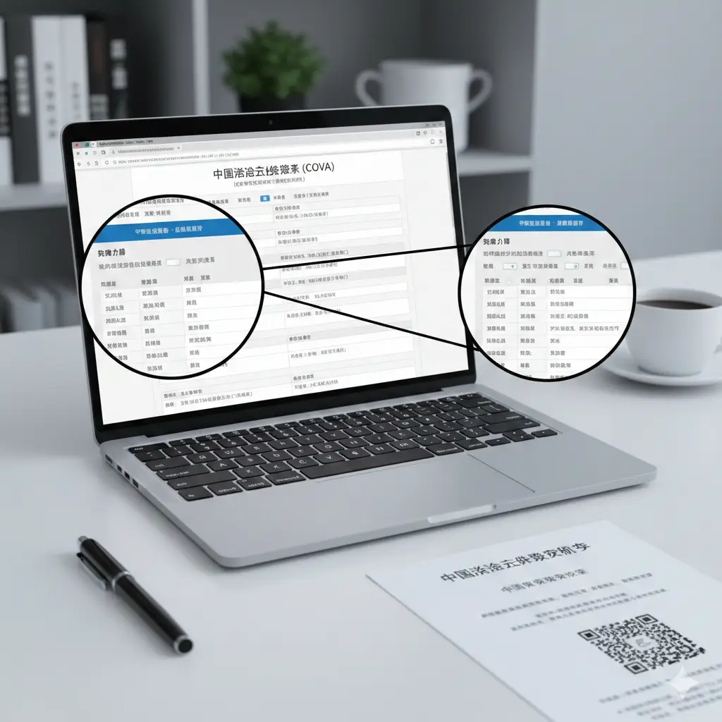 针对COVA在线填表流程的教学风格图片。画面展示一个笔记本电脑屏幕,屏幕上显示出复杂的在线申请表界面,并伴有放大镜聚焦在‘教育背景’和‘家庭住址’等关键填报区域。旁边放置一支签字笔和一份打印好的确认页。风格类似于专业工作台,通过浅焦摄影技术使背景模糊,引导用户关注填表的细节和准确性。