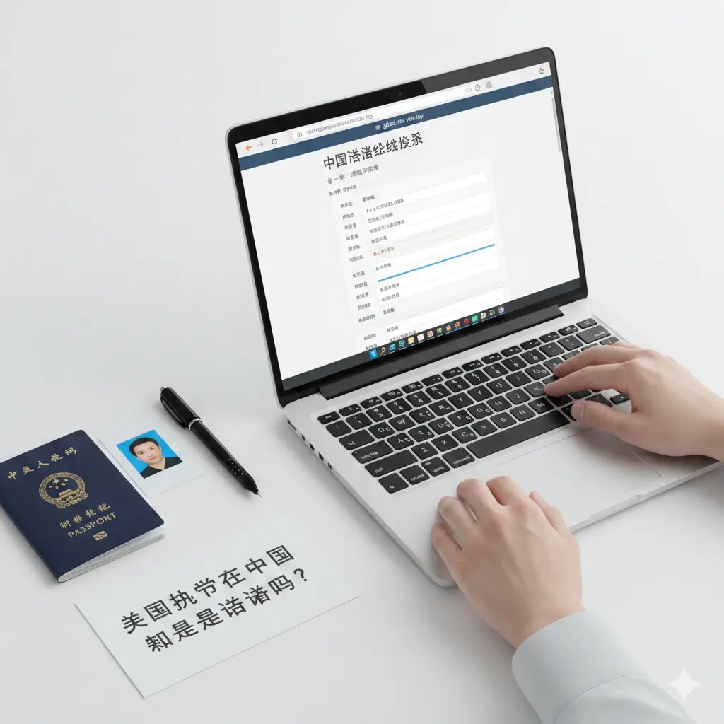 详细的在线申请教程示意图。画面展示一只手正在笔记本电脑上操作COVA在线填表系统的场景。屏幕上显示出结构清晰的申请表单界面。桌面周围摆放着符合标准的33mm x 48mm证件照、笔和护照。风格为干净的办公写实风，构图采用俯视视角，强调步骤感和细节处理，色彩以白色和商务蓝为主。