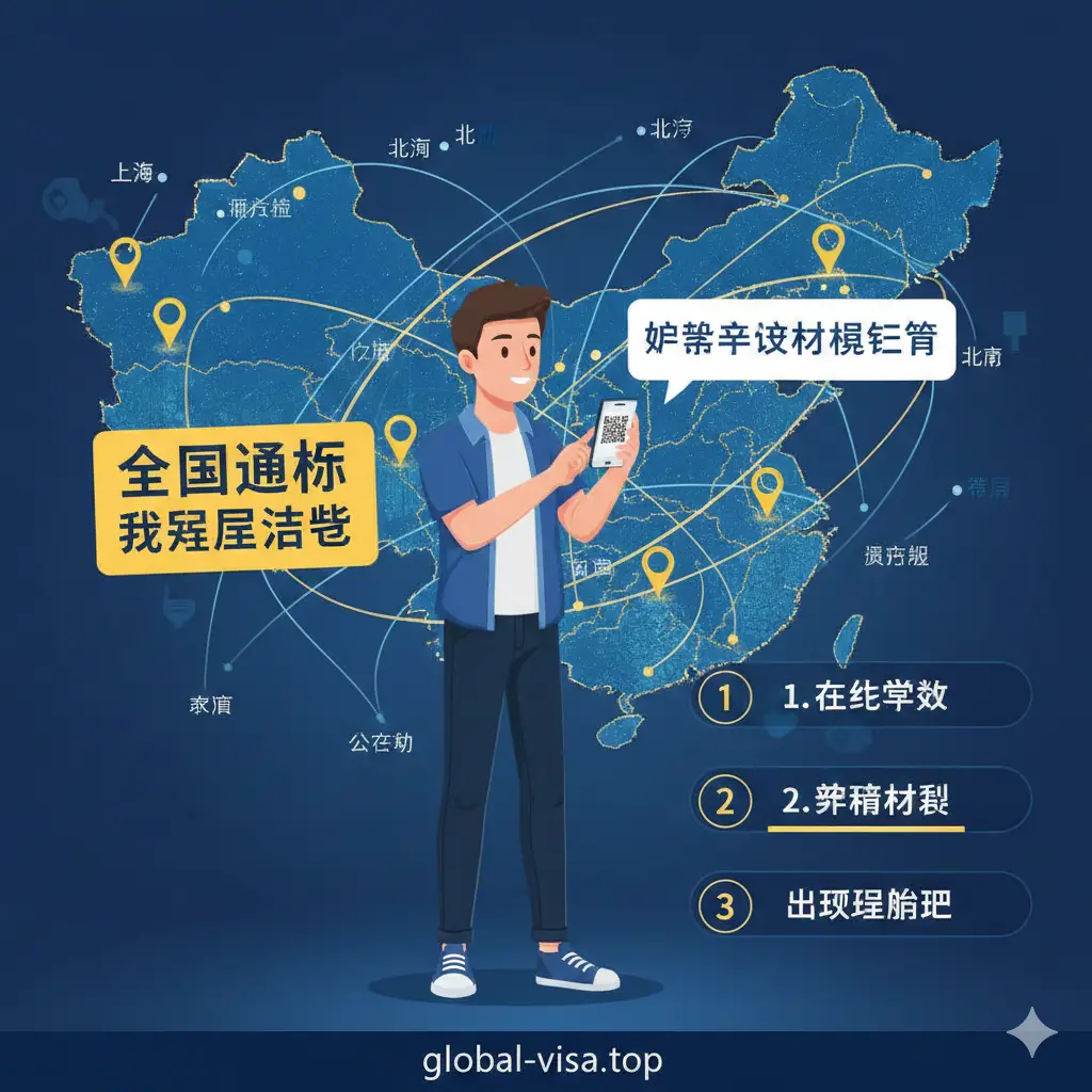 一张插画风格或实景合成的教学图,展示‘全国通办’的概念。背景是中国地图的抽象轮廓,多条亮线连接不同城市,象征异地办理。画面主体是一位自信的年轻人拿着手机正在扫码预约,身旁标注有‘无需居住证’的视觉标签。构图平衡,色彩鲜明,强调异地办理护照的流程简化和无门槛感。