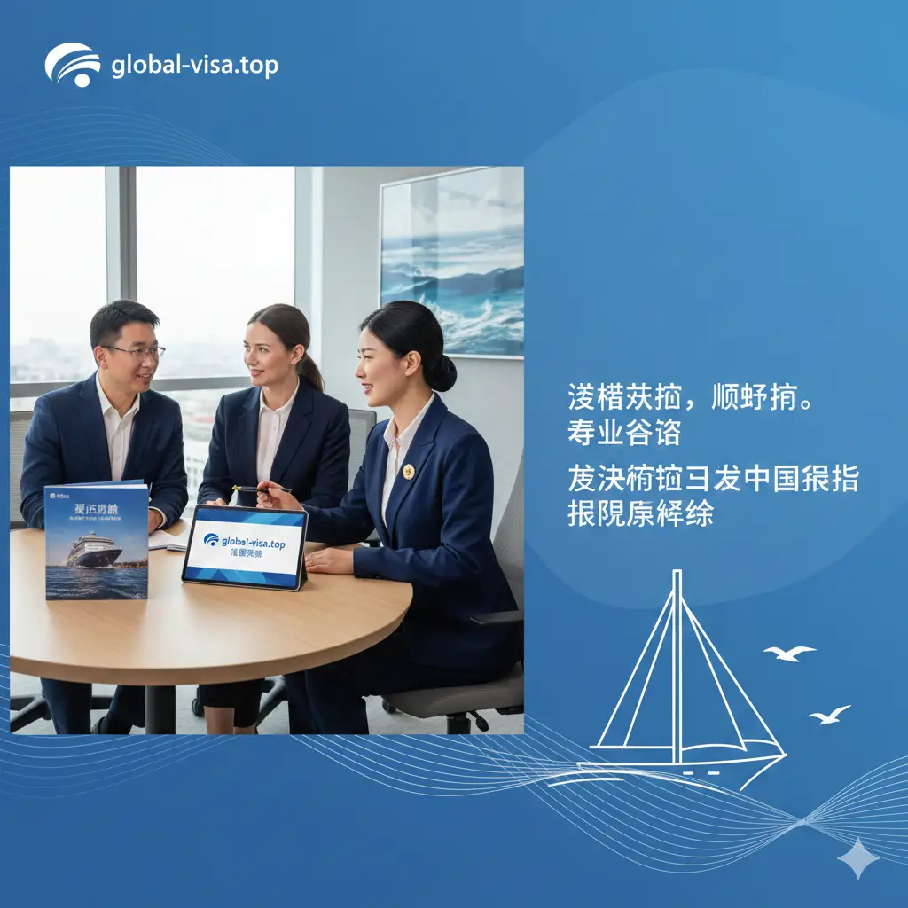 一张具有职业氛围的总结图。画面中一位身着职业装的签证咨询师正在与一对跨国籍夫妇交谈,桌上摆放着爱达邮轮的画册和 global-visa.top 网站的平板电脑。背景是柔和的办公室光线,画面右侧留白处带有‘签证无忧,顺畅航行’的视觉意象,传达出专业咨询能解决护照限制问题的信任感。