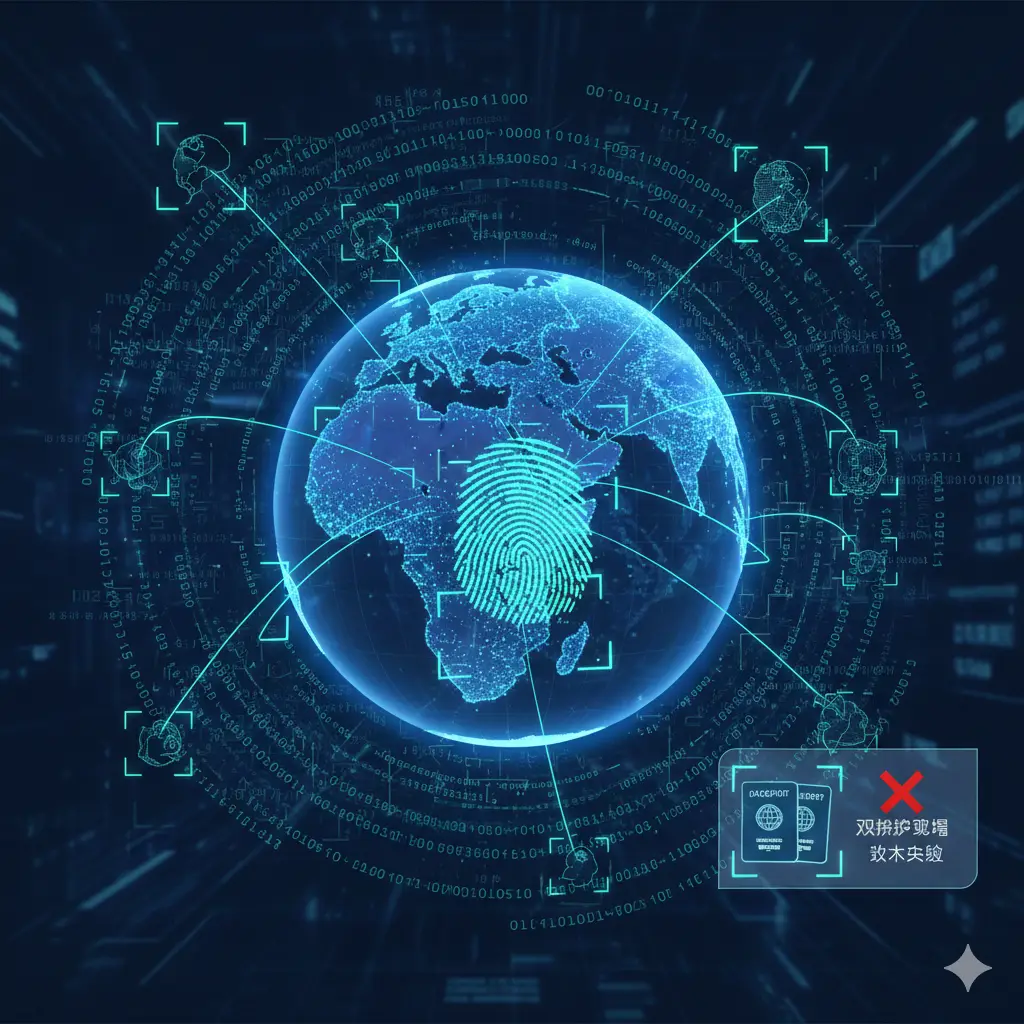 充满科技感的概念图,展示海关大数据的查验逻辑。画面中央是一个虚拟的地球模型,周围环绕着流动的数据流和二进制代码,象征API旅客预报系统。画面叠加了生物识别技术的视觉元素,如指纹扫描纹理和面部识别的对焦框,连接线从中国延伸至海外。色调以深科技蓝和霓虹青为主,突显现代海关“无处遁形”的数据监控能力,强调技术查验的严密性。