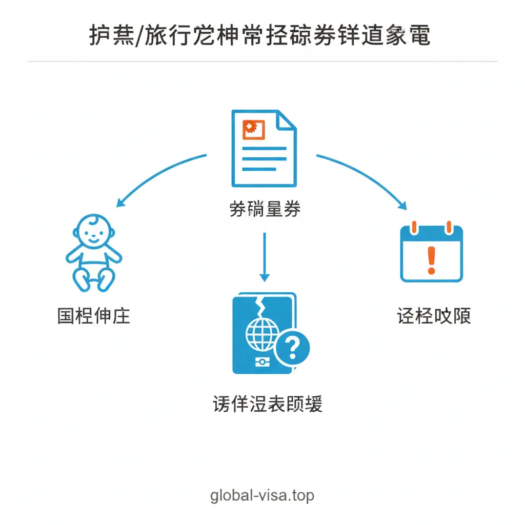 一张扁平化风格的信息图，直观展示需要填写补充声明书的三大核心场景。左侧图标是一个简笔画的婴儿（代表国籍判定），中间是一个带有裂痕或问号的护照图标（代表遗失损毁），右侧是一个带有红色感叹号的日历（代表证件过期）。三个图标通过线条汇聚到中央的文件图标上，配色采用清新的蓝色和橙色，背景简洁干净，帮助用户一眼识别自己所属的申请类别。