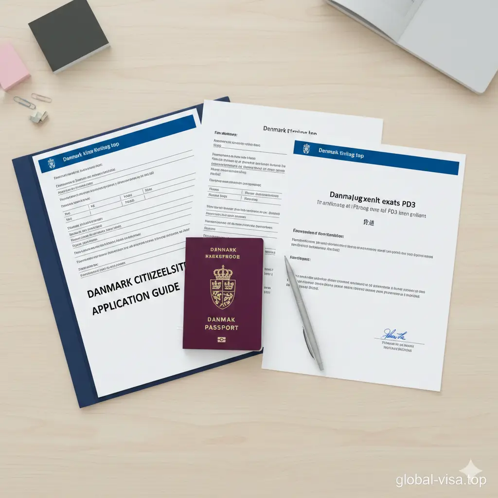 一张关于丹麦入籍申请流程的教程图片。桌面平铺着整洁的申请文件、一支钢笔、一本丹麦护照和一份印有丹麦语考试PD3字样的证书。构图采用俯视视角，光线明亮自然，展现出严谨、有序的办公氛围。