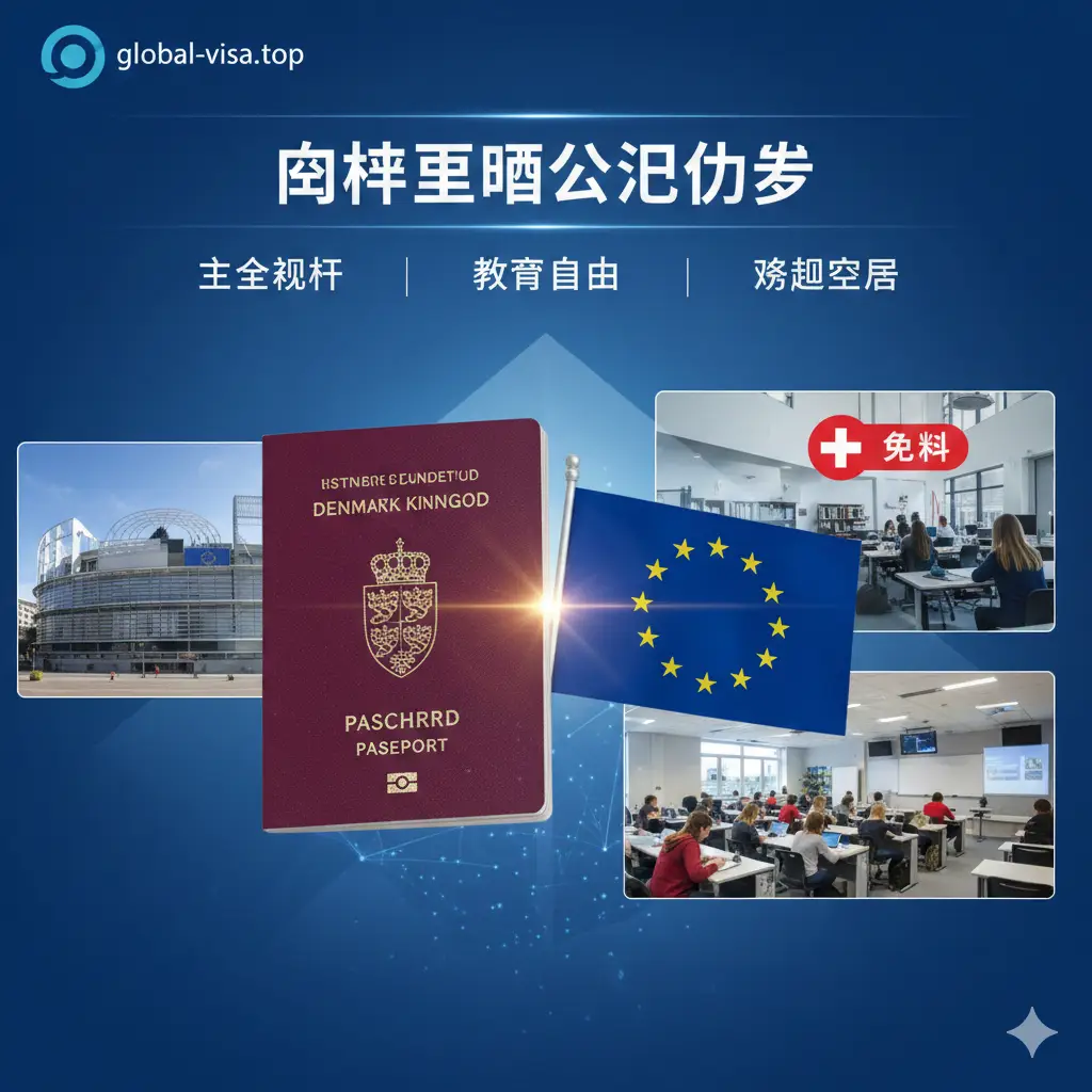 一张展示丹麦护照欧盟公民优势的视觉图片。画面中心是丹麦护照与欧盟旗帜的和谐并排。背景融入了欧洲议会建筑、丹麦免费医疗标志和现代化大学教室的重叠影像。色彩明快，强调社会福利、教育自由和跨国居住的权益，构图具有极强的视觉冲击力。