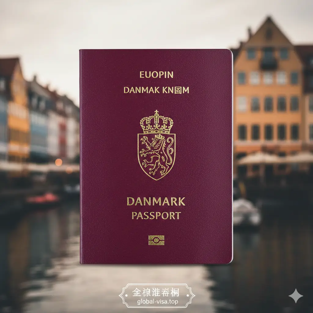 一张极具质感的丹麦护照封面特写图片。深红色的护照本位于画面中心，金色烫印的丹麦王室纹章和'DANMARK PAS'字体在光线下闪烁。背景是模糊的哥本哈根新港彩色建筑，整体色调温暖且富有高级感，采用大光圈虚化效果，营造出高端旅游与国际公民身份的氛围。