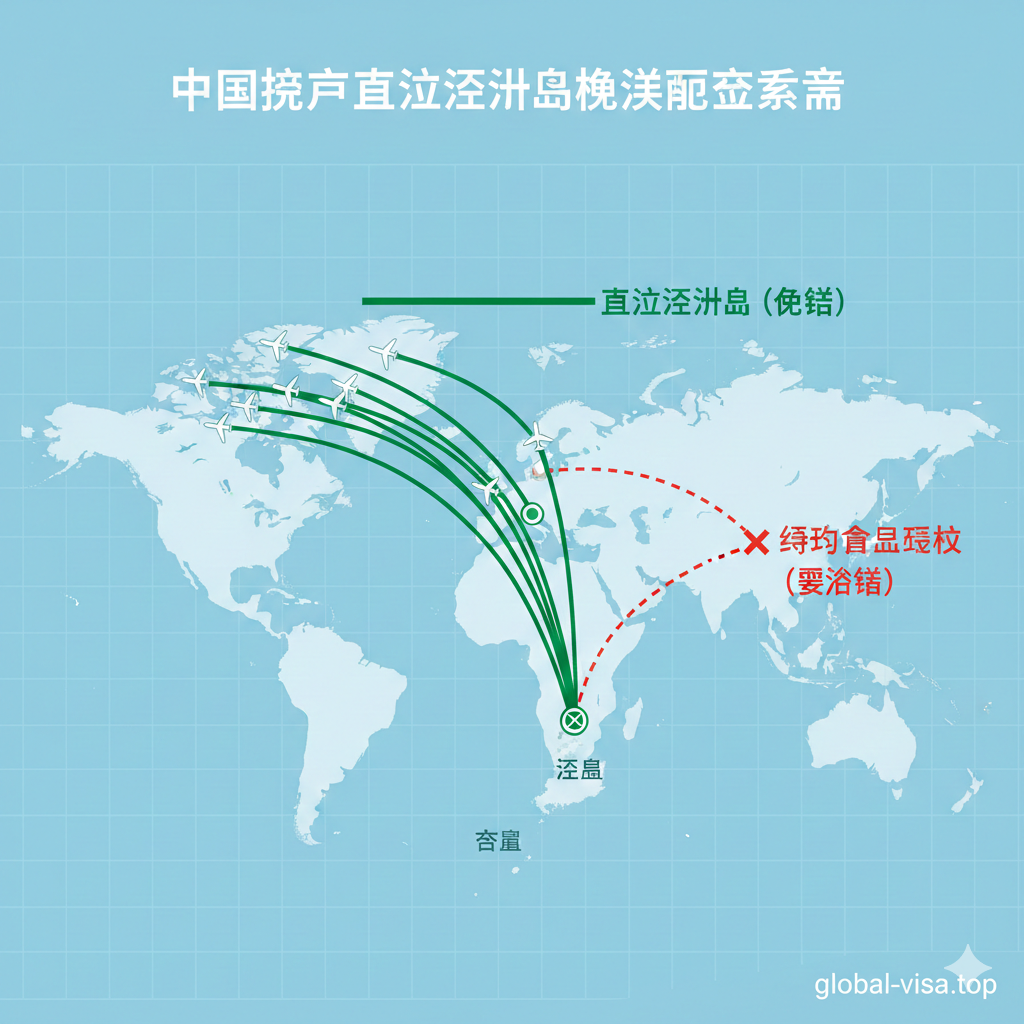 一张扁平化风格的信息图表，用于解释'直飞'的核心规则。画面中心是一张简化的地图，显示从中国大陆城市直接飞往济州岛的绿色实线路径，上方有飞机图标。同时，用红色虚线和叉号标记出经由首尔转机前往济州岛的错误路径（暗示非直飞需签证）。背景采用专业的淡蓝色科技感网格，关键节点（中国、济州岛、首尔）有清晰的地理标记。视觉风格简洁、逻辑清晰，帮助用户一眼看懂'直飞'的必要性。