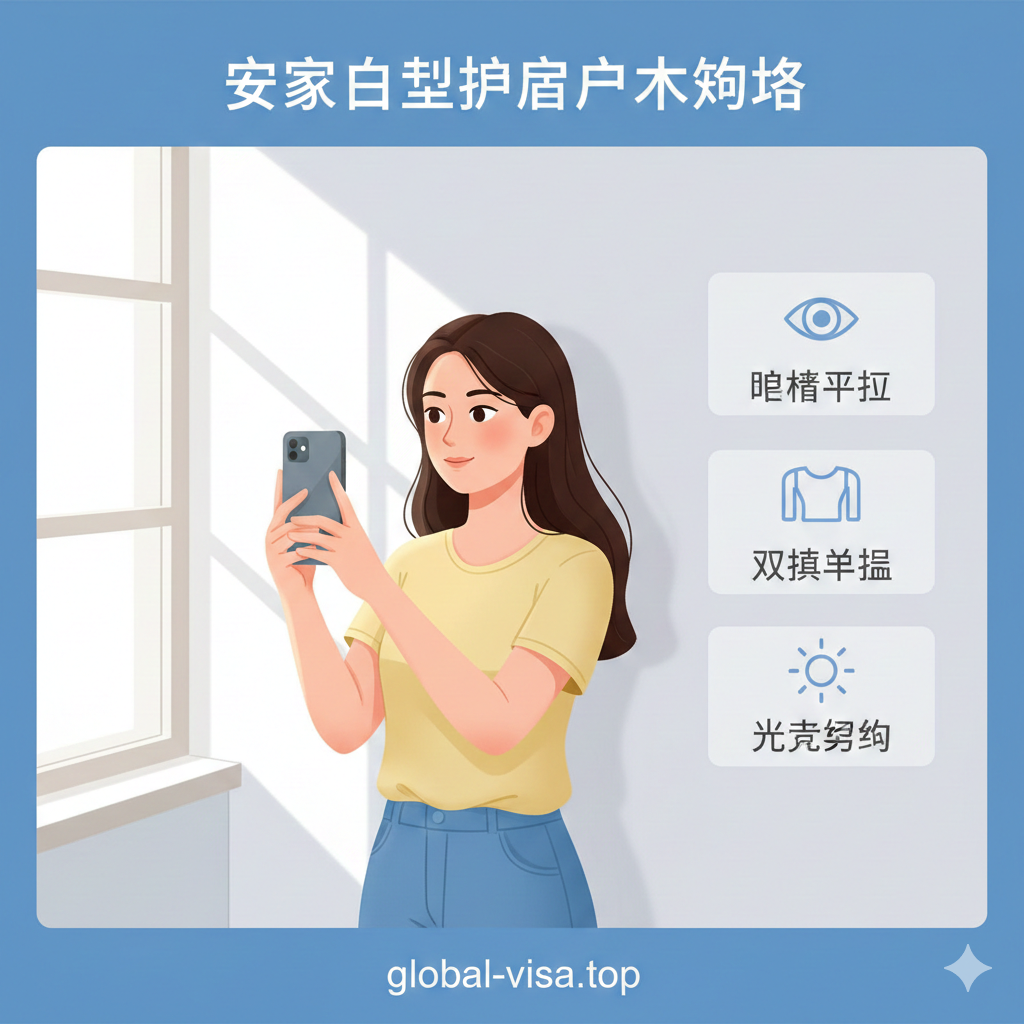 一张生动的教程示意图，描绘一名用户在家中使用手机拍摄护照照片的场景。人物站在一面干净的白色墙壁前，面部正对窗户射入的柔和自然光，没有阴影。画面右侧通过浮层图标提示拍摄要点：‘眼睛平视’、‘双肩平衡’、‘光线均匀’。风格偏向插画与实景结合，温馨且具有指导性，展示在家DIY拍摄的简易操作流程。