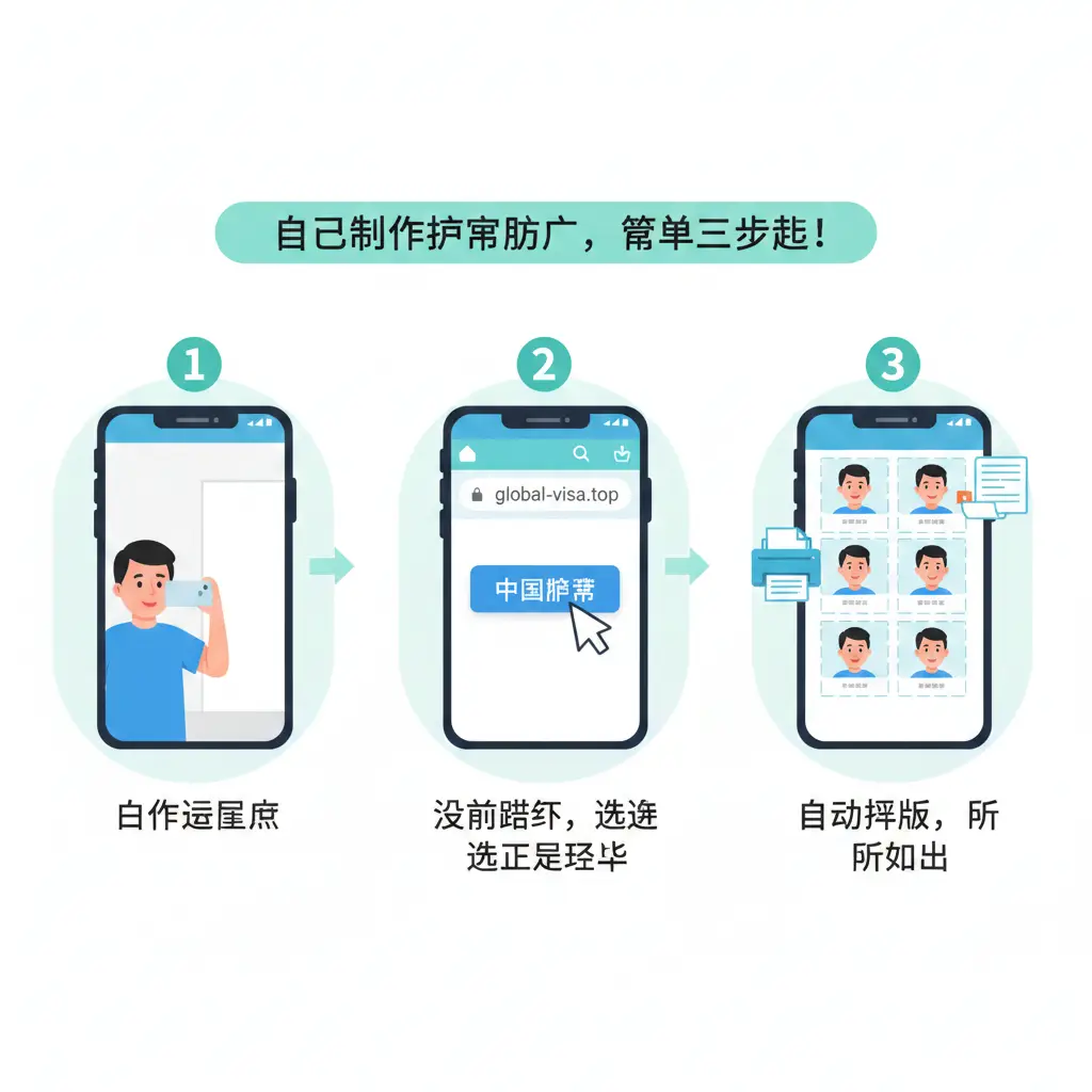 一张清晰的阶梯式教程图示。第一步显示用户对着白墙自拍；第二步展示在手机浏览器打开global-visa.top并选择‘中国护照’选项；第三步展示系统自动生成的九宫格打印排版版面。每一步都有明显的数字序号和指向箭头，风格类似于简洁的扁平化UI插画，配色清新自然，旨在引导用户快速上手。