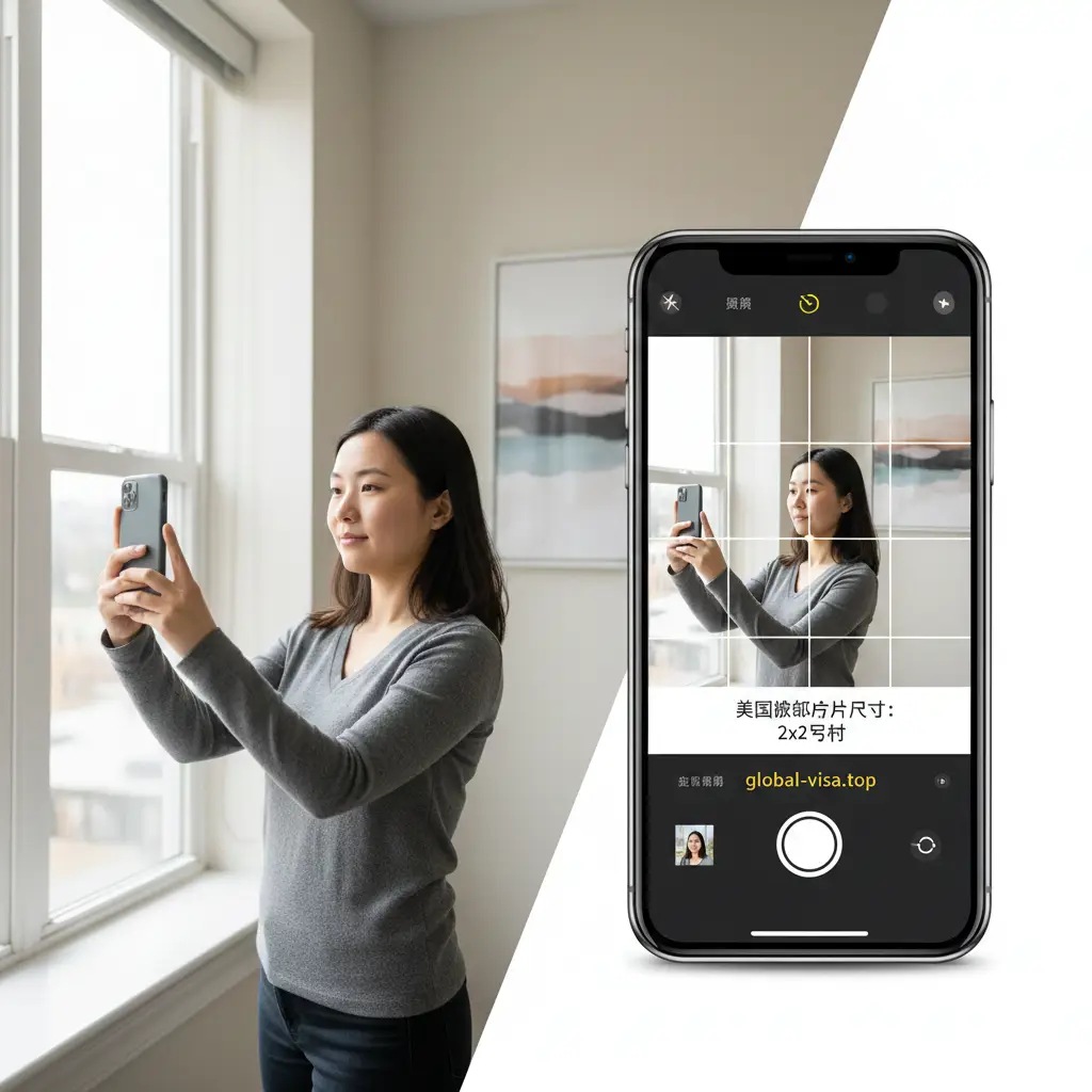 一幅手机拍摄DIY美国护照照片的场景化教程图。画面左侧显示一个人正在明亮的自然光窗户旁准备拍摄，右侧显示手机屏幕上的拍照界面，屏幕上带有2x2比例的九宫格辅助线。背景保持整洁的浅色调，通过明亮的室内采光展示如何避开阴影。构图采用斜侧视角的特写，展示现代化的科技便捷感，引导用户通过手机自助完成拍摄。