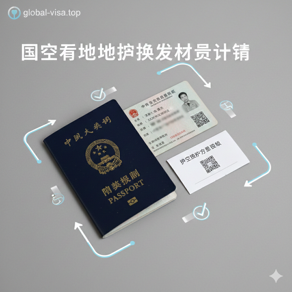 展示国内异地换发护照所需材料的各种元素的创意组合图。画面中清晰展示身份证、旧护照、以及一张护照照片回执单。采用干净的微距摄影风格或高品质的3D图标渲染风格，背景为纯净的浅色调（如浅灰或淡蓝），突出“流程简化”和“材料便捷”的概念。图像传达出秩序感和高效感，适合说明国内办理流程。