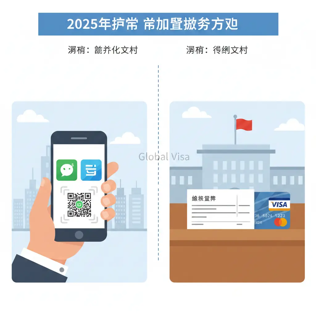 一张对比鲜明的双拼构图插画，左侧展示中国国内场景，一只手拿着智能手机屏幕显示微信支付和支付宝的Logo正在扫描二维码；右侧展示境外使领馆场景，柜台上放置着一张银行汇票（Money Order）和一张Visa信用卡。中间用虚线分割，并有'Global Visa'的微小水印，形象地说明了境内数字化支付与境外传统支付方式的差异，风格为扁平化矢量插画。