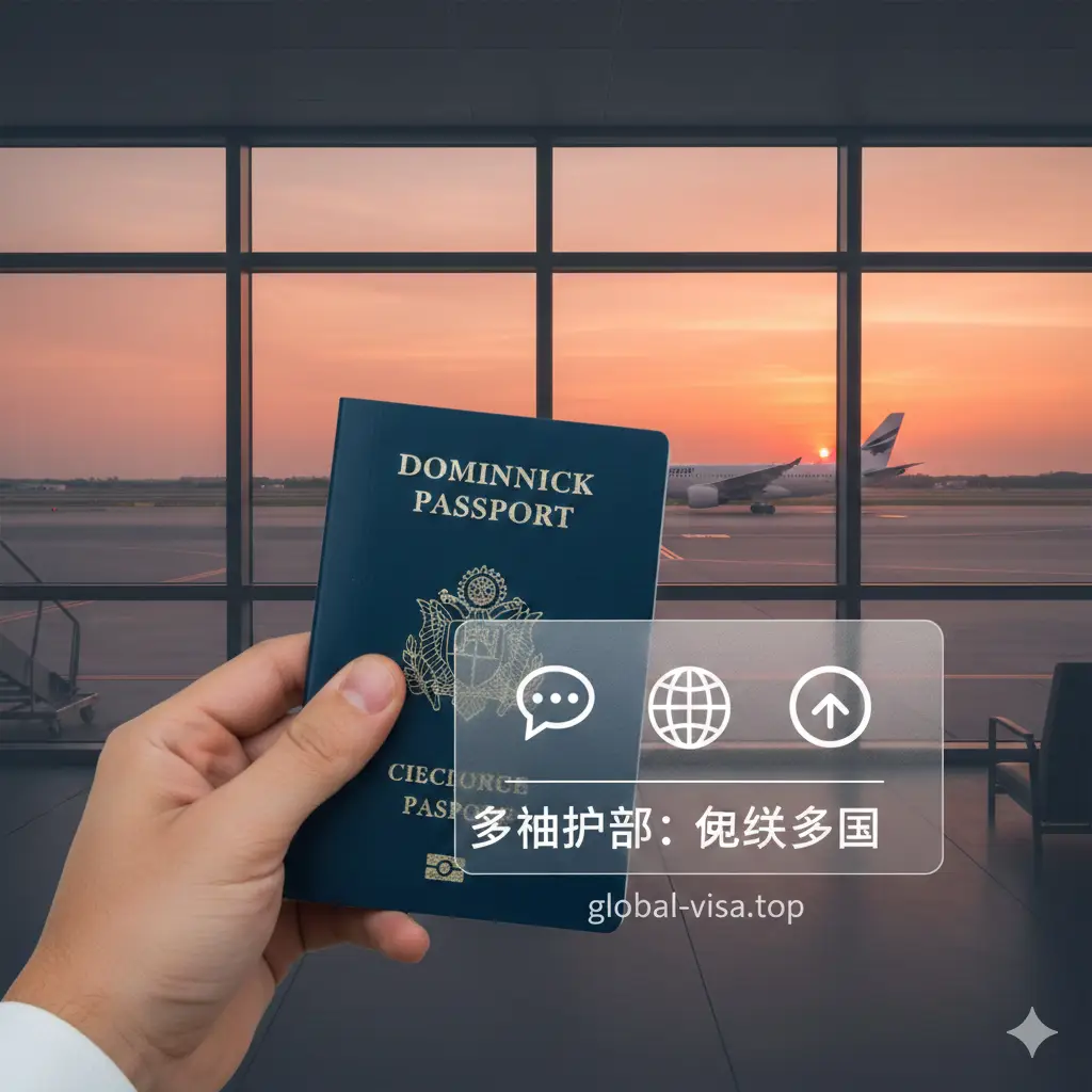 文章总结图片,旨在引导转化。画面展示一个手持多米尼克护照准备登机的特写场景,背景是现代化机场的巨大落地窗和夕阳下的飞机跑道。画面中央叠加一个半透明的玻璃质感对话框,包含咨询服务的抽象图标。整体构图开阔,充满希望感。色调采用温暖的夕阳橙和稳重的商务灰,通过极佳的视觉引导,让读者产生立即获取该身份的向往感。