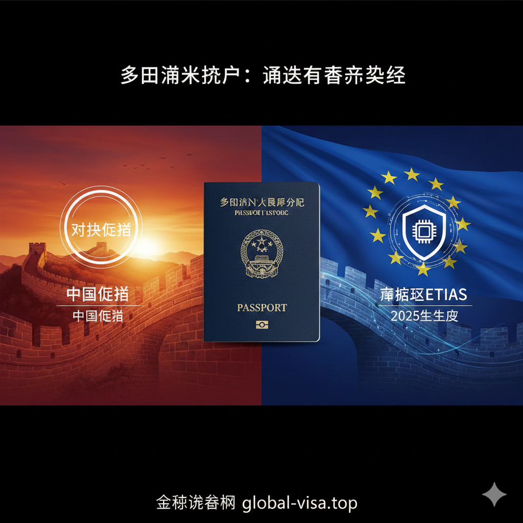 一幅概念性的分屏插画，直观展示多米尼克护照的两大核心政策优势。左侧展示经典的中国长城剪影，代表对华免签；右侧展示欧盟旗帜与电子盾牌图标，代表申根区ETIAS系统。中间由一本多米尼克护照连接，形成一座桥梁。设计风格现代简约，融合了商务科技感，色彩鲜明，清晰传达出'通往东方与西方'的战略价值。