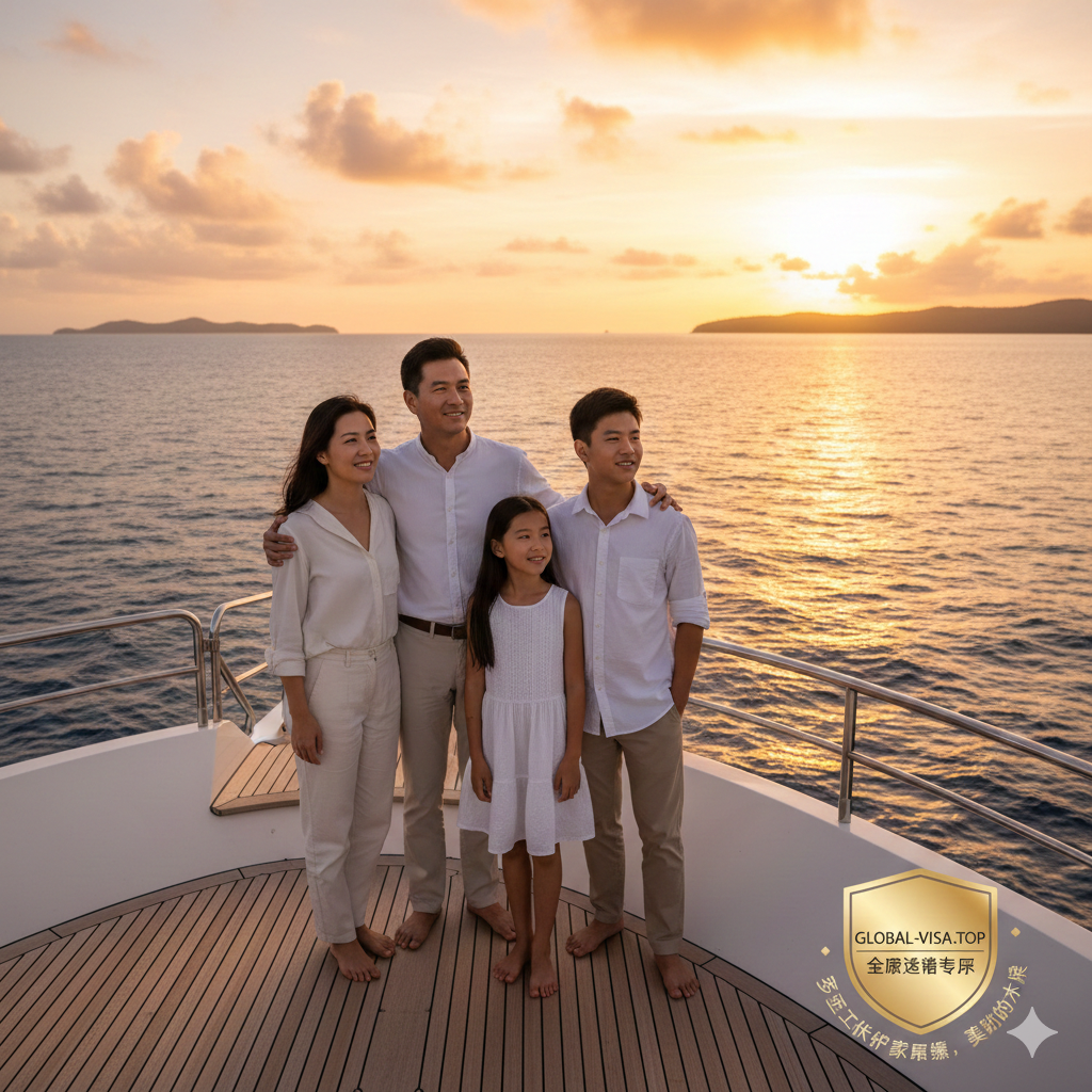 一张充满温情与成功感的画面,展示一个高净值家庭(亚洲面孔)站在豪华游艇甲板上,面带自信微笑眺望远方海平面的夕阳。金色的阳光洒在他们身上,象征着财富传承与美好未来。画面右下角巧妙融入global-visa.top的品牌水印或盾牌徽章元素,寓意安全保障与专家服务。整体氛围宁静、奢华且令人向往,作为文章结尾激发用户的咨询欲望。