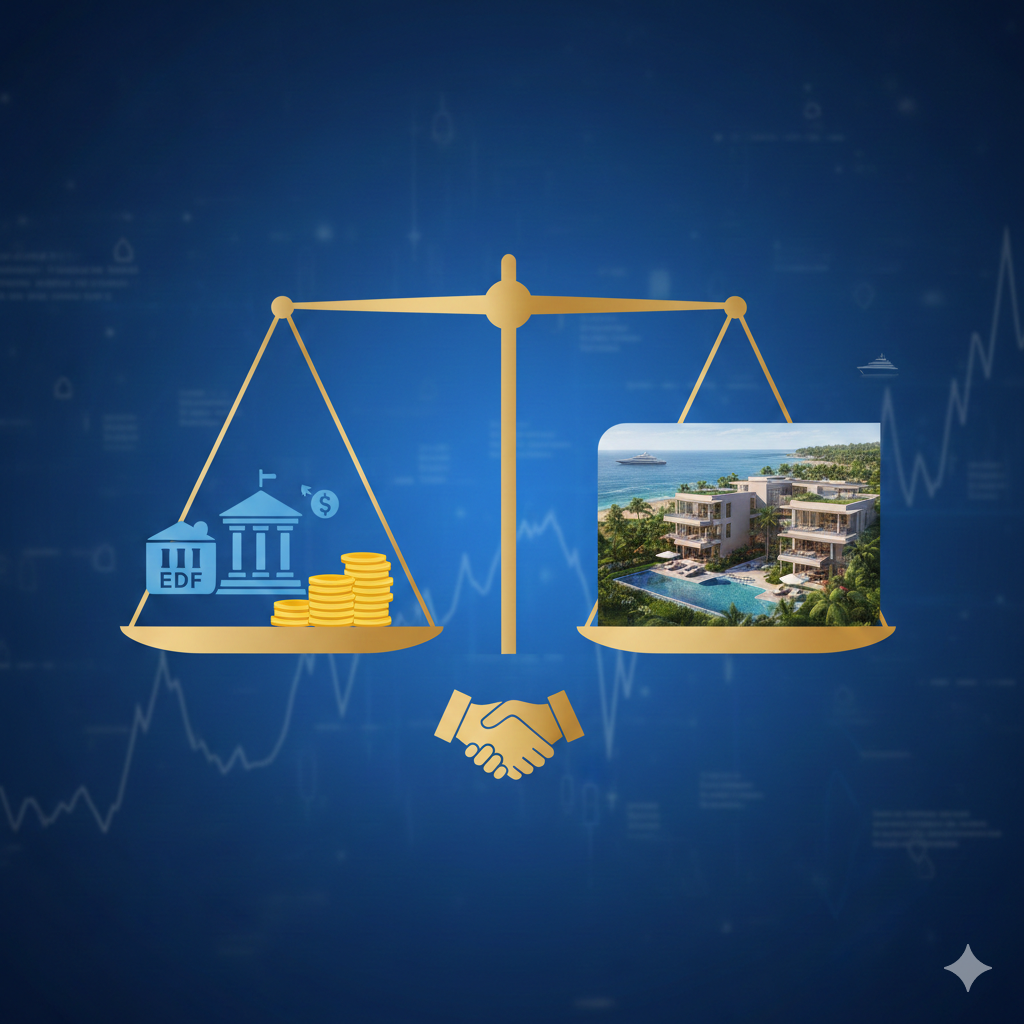 展示多米尼克投资入籍两种核心方式的对比概念图。左侧展示代表国家转型基金(EDF)的政府建筑图标与金币元素,右侧展示坐落在海边的豪华度假村别墅实景渲染图。中间通过一个金色的天平或握手符号连接,象征公平与契约精神。背景采用科技感的深蓝色渐变,辅以隐约的金融K线图纹理,突显税务规划与资产配置的商业价值,视觉风格现代且专业。