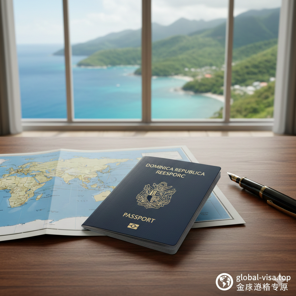 一张极具高端质感的特写图片,展示多米尼克护照的深蓝色封皮与烫金国徽,置于一张高级胡桃木办公桌上。背景透过全景落地窗展示加勒比海标志性的碧蓝海水与郁郁葱葱的山脉,自然光线柔和地洒在护照上,营造出自由与尊贵的氛围。画面中巧妙融入一张半折叠的世界地图和一只精致的钢笔,象征着全球通行的能力与商务属性,色彩以深蓝、金色和热带绿为主,完美契合global-visa.top的专业形象。