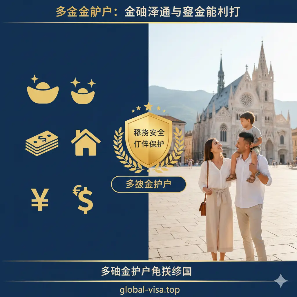 体现多米尼克护照优势的对比与深度解析图。画面采用左右对比构图,左侧象征资产配置,展示代表黄金、房产和货币的抽象符号;右侧象征家庭生活,展示一对精英夫妇带着孩子在欧洲度假的温馨场景。中心连接处是一个金色的盾牌图标,象征税务安全与身份保护。色彩丰富且有温度,使用暖黄色与深蓝色的撞色设计,突出身份转换带来的多重利好。