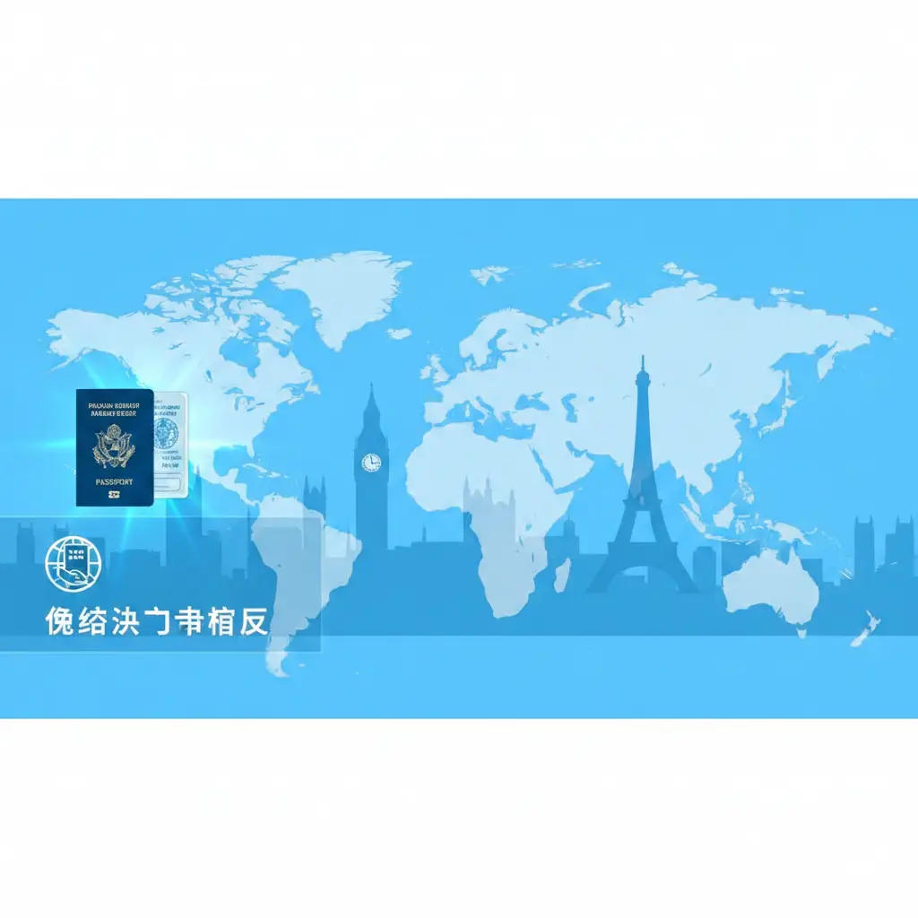 展示多米尼克护照免签功能特性的图片。视觉重点为欧洲和英国的标志性建筑剪影,如大本钟和埃菲尔铁塔,背景是半透明的世界地图。画面左侧有一个发光的护照证件扫描效果,展示‘免签进入申根区’的字样或图标。色彩以现代感强的亮蓝色和白色为主,采用扁平化设计与实景结合的风格,强调全球通行的便捷性与广泛的国家覆盖能力。