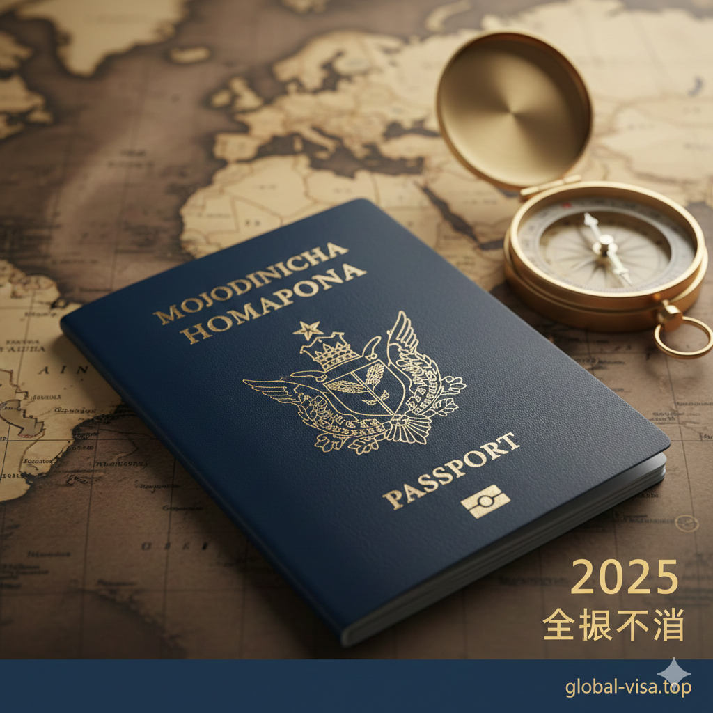 一张极具质感的特写照片，展示了一本多米尼克护照放置在带有金色经纬线的复古风格世界地图上。重点聚焦于护照封面的金徽章，背景中模糊可见中国和欧洲的地图轮廓，象征着2025年的全球通行能力。光线柔和而高级，采用深蓝色和金色的主色调，体现Global-visa.top的专业与权威感，画面右下角隐约浮现'2025 Global Access'的字样。