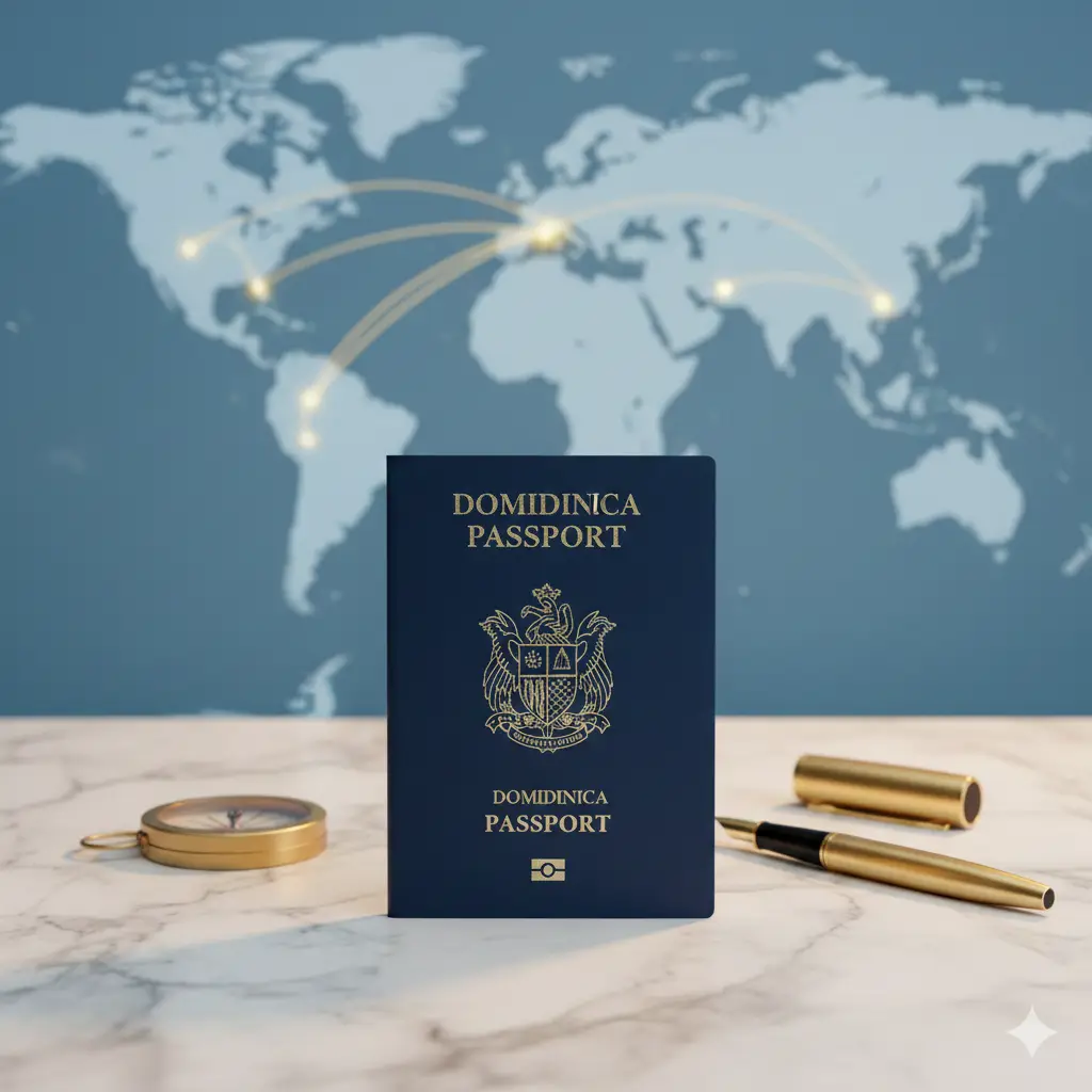 一张极具商务感和全球化视野的封面图。中心是一本深蓝色的多米尼克护照,封面上印有精美的多米尼克国徽。护照放置在质感十足的大理石桌面上,背景是带有发光航线的淡蓝色世界地图。周围散落着一些商务元素,如高档钢笔和罗盘。整体色彩基调为深蓝色和金色,光影效果柔和,构图采用黄金分割比例,营造出权威、高端且自由的国际旅行氛围。