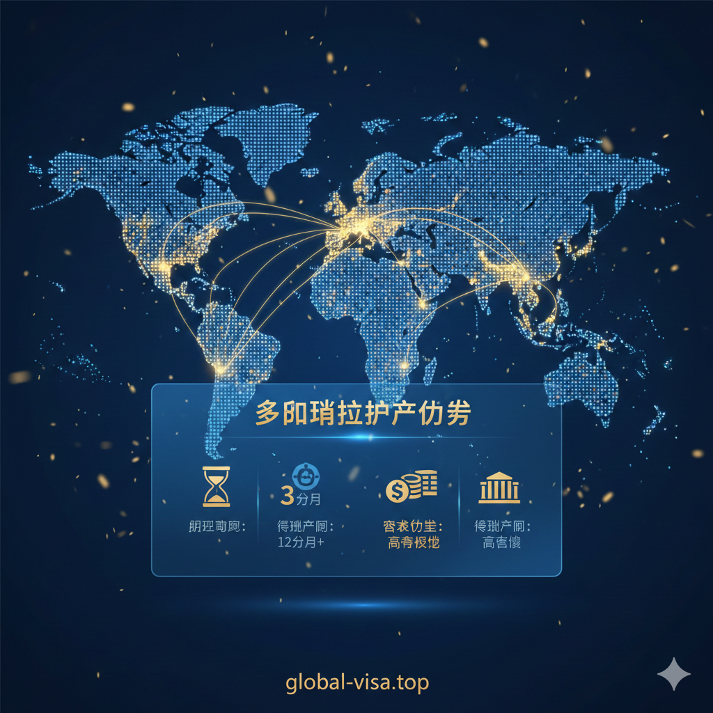 一张高科技风格的世界地图,重点高亮显示多米尼克护照免签的140+个国家和地区(包括英国、申根区、新加坡等),这些区域使用耀眼的金色光点连接。画面前景悬浮着半透明的数据面板,对比多米尼克与传统移民项目的办理周期(3个月)与成本优势。整体色调为深邃的海洋蓝搭配流光金,突出全球通行证的高含金量和身份优势。