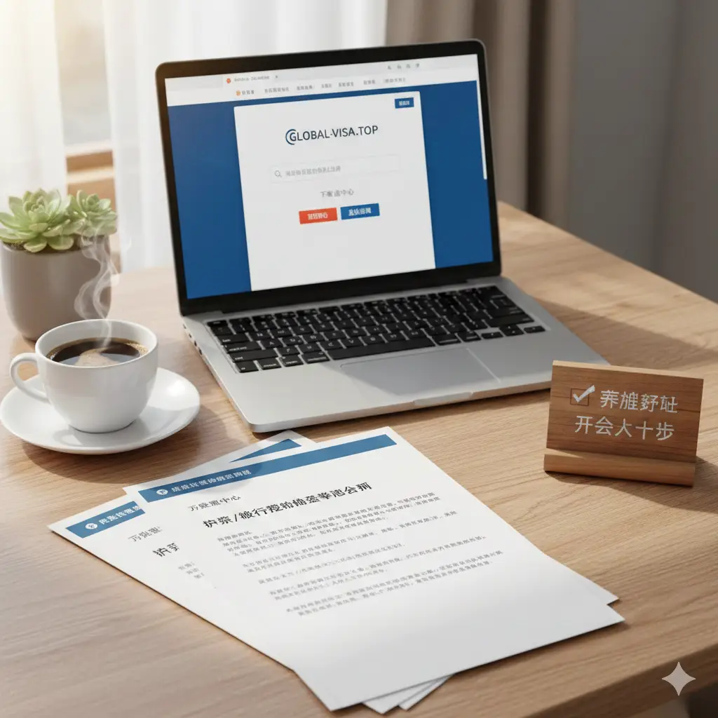 一张温馨且令人放松的办公桌面场景图，代表申请准备工作顺利完成。桌面上整齐叠放着打印好的PDF模板文件，旁边是一台打开的笔记本电脑，屏幕显示着global-visa.top的咨询页面或‘下载中心’。画面一角有一杯热咖啡和一株小绿植，阳光从侧面洒入，营造出安心、高效的氛围，引导用户进行下载模板或联系客服的下一步操作。