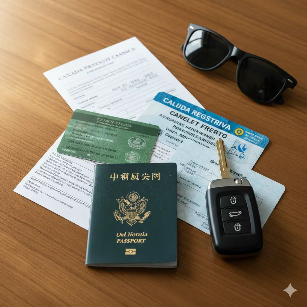 一张细节丰富的教程类图片,展示自驾去加拿大前的证件准备清单。在一个木质桌面或汽车座椅上,整齐摆放着:美国绿卡、本国护照、美国驾照、车辆保险单(带有Canada Inter-Province字样)和车辆登记证。旁边放着一把车钥匙和一副墨镜。光线柔和,焦点清晰地落在绿卡和护照上,营造出一种‘准备就绪’、‘万无一失’的旅行氛围。