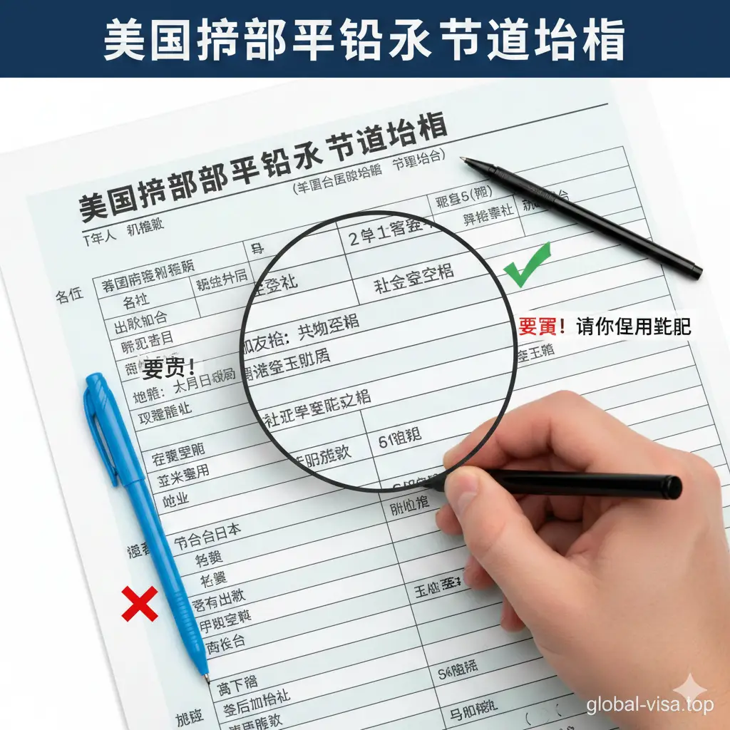 特写视角的教程类图片，聚焦于DS-11表格的填写细节。画面中展示了表格的关键部分（如Section 1-10个人信息栏和Section 20职业栏），并使用放大的虚拟放大镜效果突出了'SSN社会安全号'填写框。画面中有一只手握着黑色墨水笔正在规范填写，旁边用红色叉号标记了蓝色笔，用绿色对勾标记了黑色笔，直观地演示'墨水颜色'的防错要点。视觉风格严谨、具有教育意义，辅助用户理解填写规范。