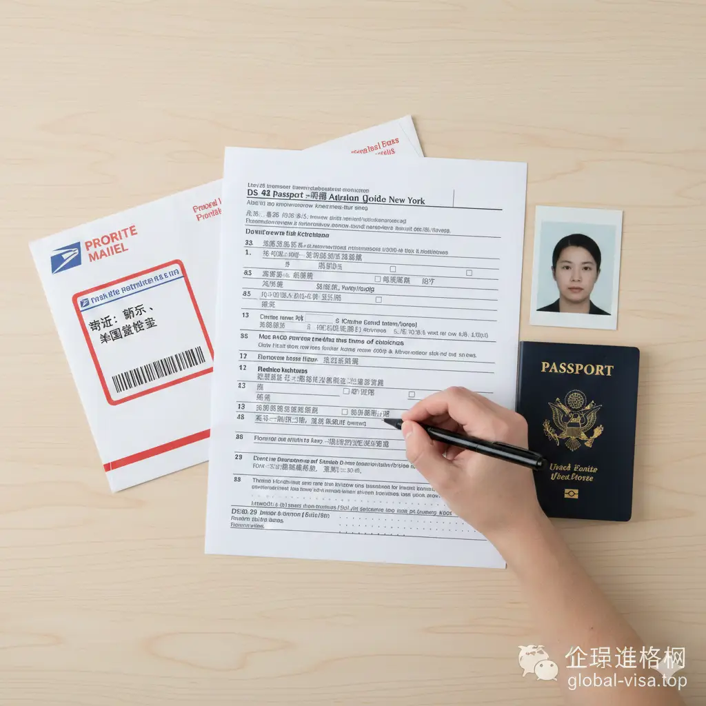 一张高清晰度的实拍风格俯视图（Flat lay），展示护照更新所需的材料清单。画面中心是一份正在填写的DS-82表格，旁边摆放着一支黑色签字笔、一张标准的2x2英寸白底证件照、一本旧的美国护照以及一个印有'Priority Mail'字样的USPS信封。构图井然有序，光线明亮均匀，寓意手把手的办理教程。