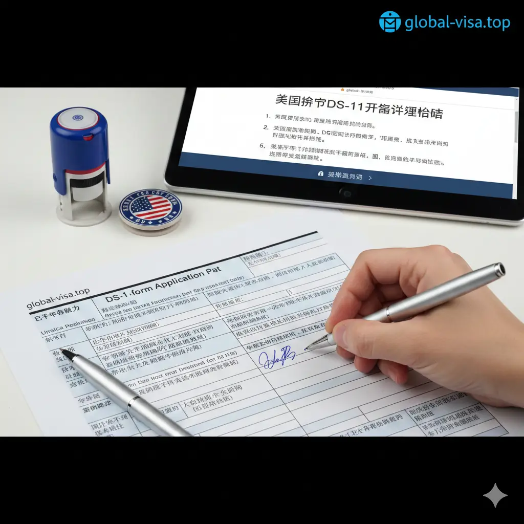 一张侧重于教程引导的图片。画面展示一个整洁的办公桌面,正中心是一份清晰的DS-11表格,旁边放着一支钢笔和一副美国国旗色系的印章。画面通过特写镜头展示表格填写的细节,背景中有一台平板电脑,屏幕上显示着global-visa.top的官方中文指南。色调专业、客观,帮助用户缓解对英文表格的焦虑感。