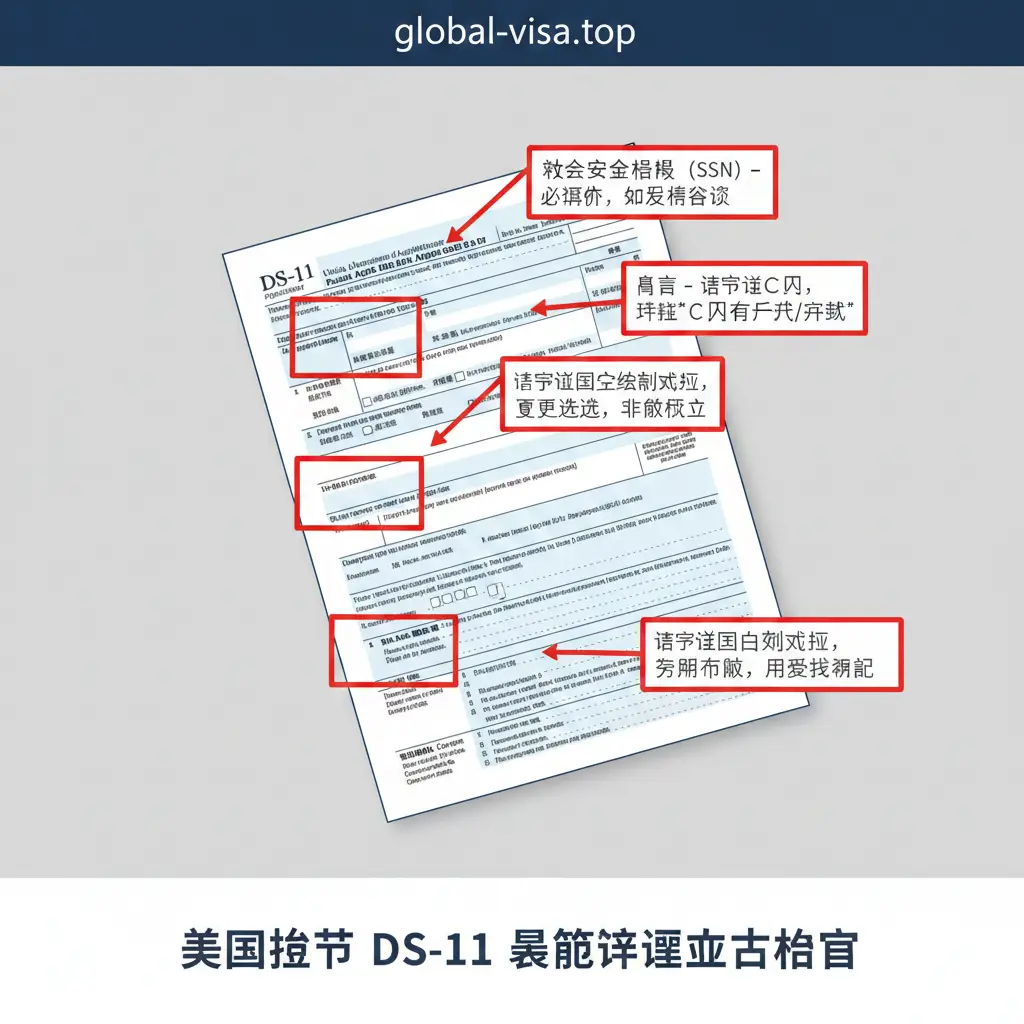 一张清晰展示DS-11表格填写重点的功能图，用于配合'DS-11表格中文填写指南'部分。图片应模拟一份摊开的DS-11表格（虚构或简化），并用红色或黄色高亮标注出容易出错的关键字段（如SSN、Height、Permanent Address）。旁边用清晰的中文浮框或箭头指出对应的中文解释和注意事项。风格为信息图表（Infographic）样式，确保文字和标记的清晰度，帮助用户直观理解填写难点。