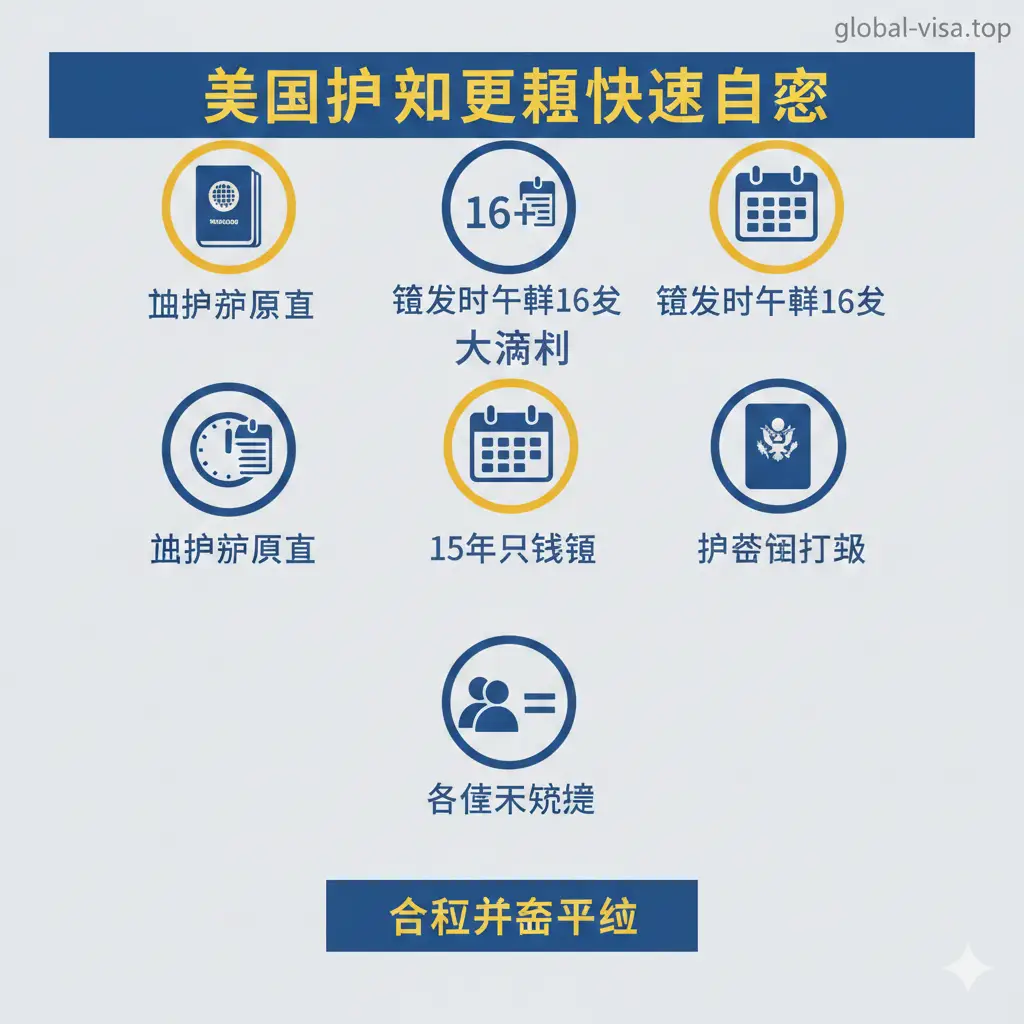 展示美国护照更新核心要素的功能图。画面采用分屏或扁平化设计,清晰展示符合DS-82申请资格的五大条件图标:旧护照原件、16岁签发、15年内有效期、护照完好无损、姓名未改。背景采用简洁的浅灰色,使用亮眼的蓝色和金色点缀关键信息,图表设计易于阅读,突出“快速自测”的功能属性。